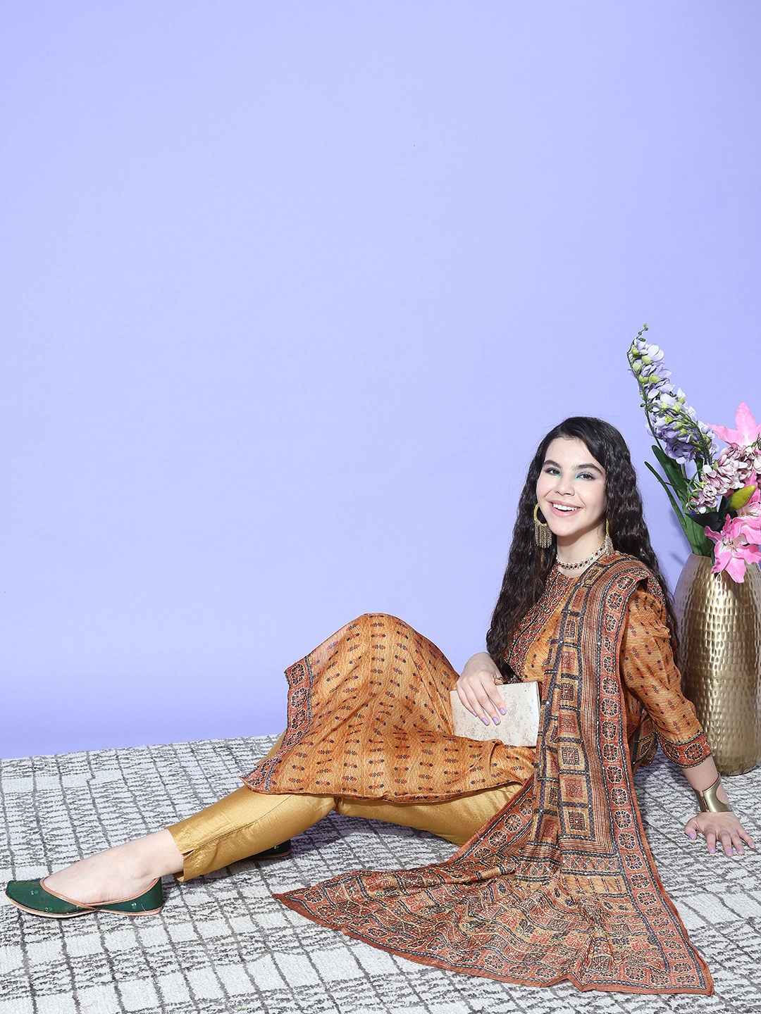

Varanga Women Printed Regular Thread Work Chanderi Silk Kurta with Trousers & With Dupatta, Rust