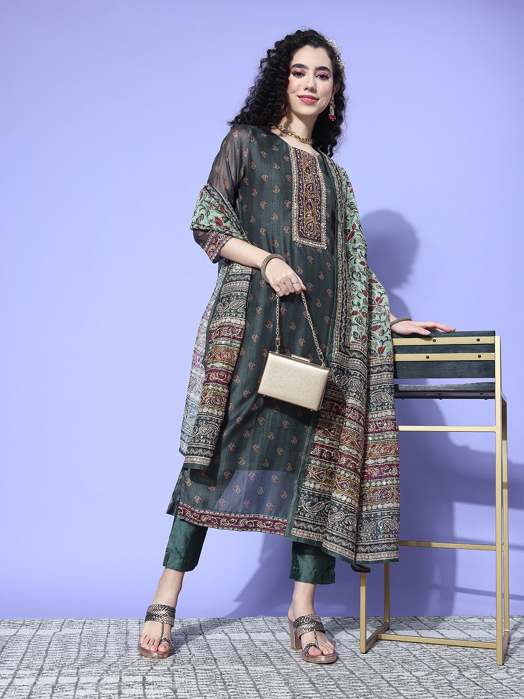 

Varanga Paisley Printed Regular Gotta Patti Chanderi Silk Kurta with Trousers & Dupatta, Grey