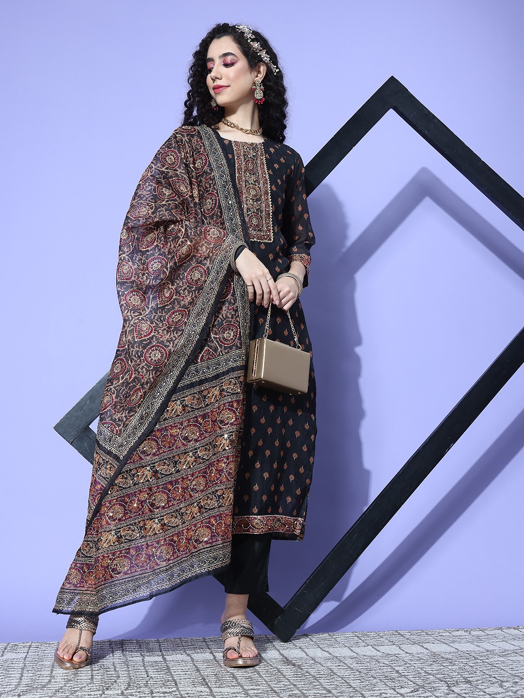 

Varanga Ethnic Motifs Printed Thread Work Chanderi Silk Kurta with Trousers & Dupatta, Black