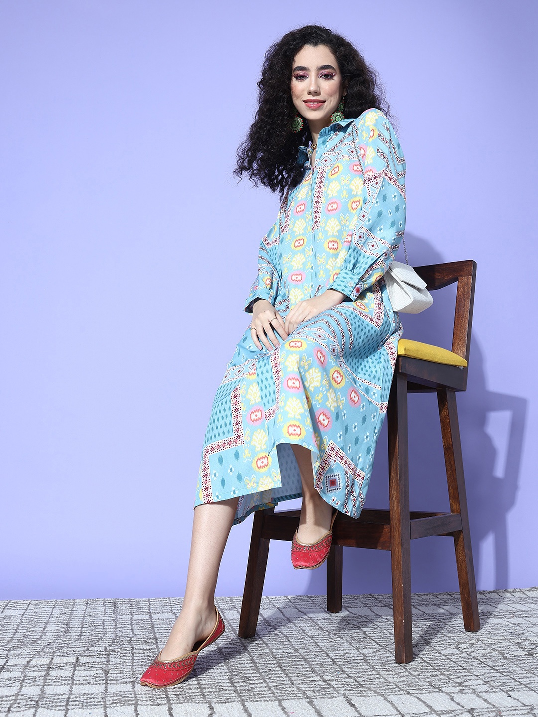 

Varanga Abstract Printed Puff Sleeve A-Line Midi Dress, Turquoise blue