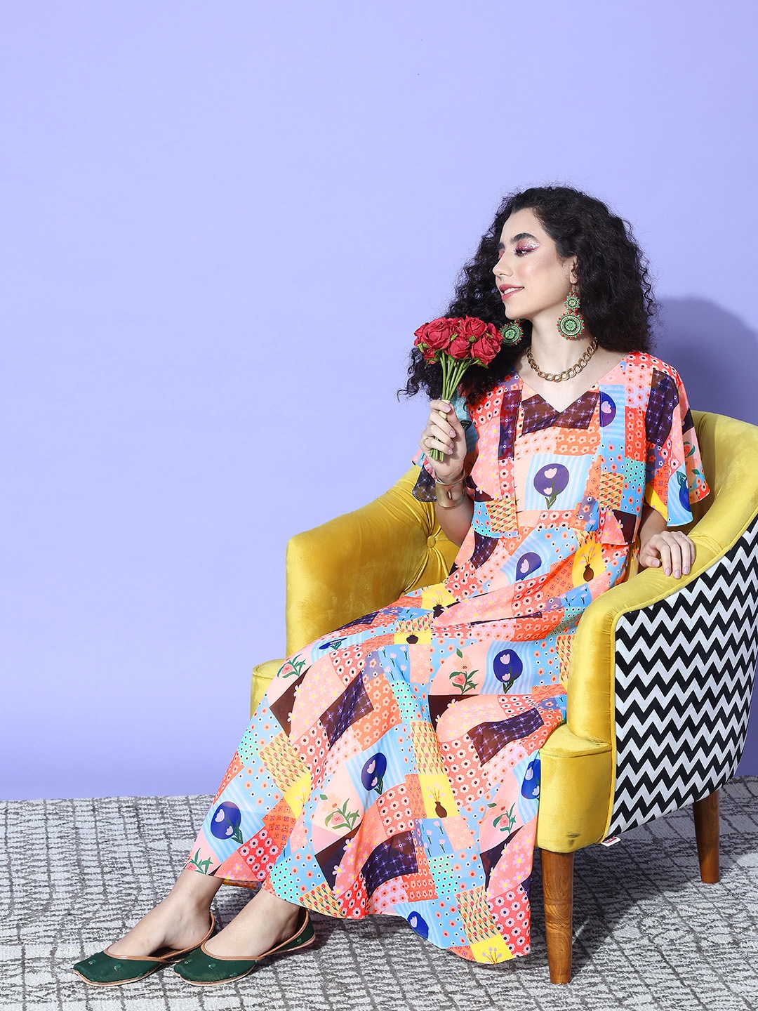 

Varanga Abstract Printed Flared Sleeve Georgette A-Line Maxi Dress, Multi