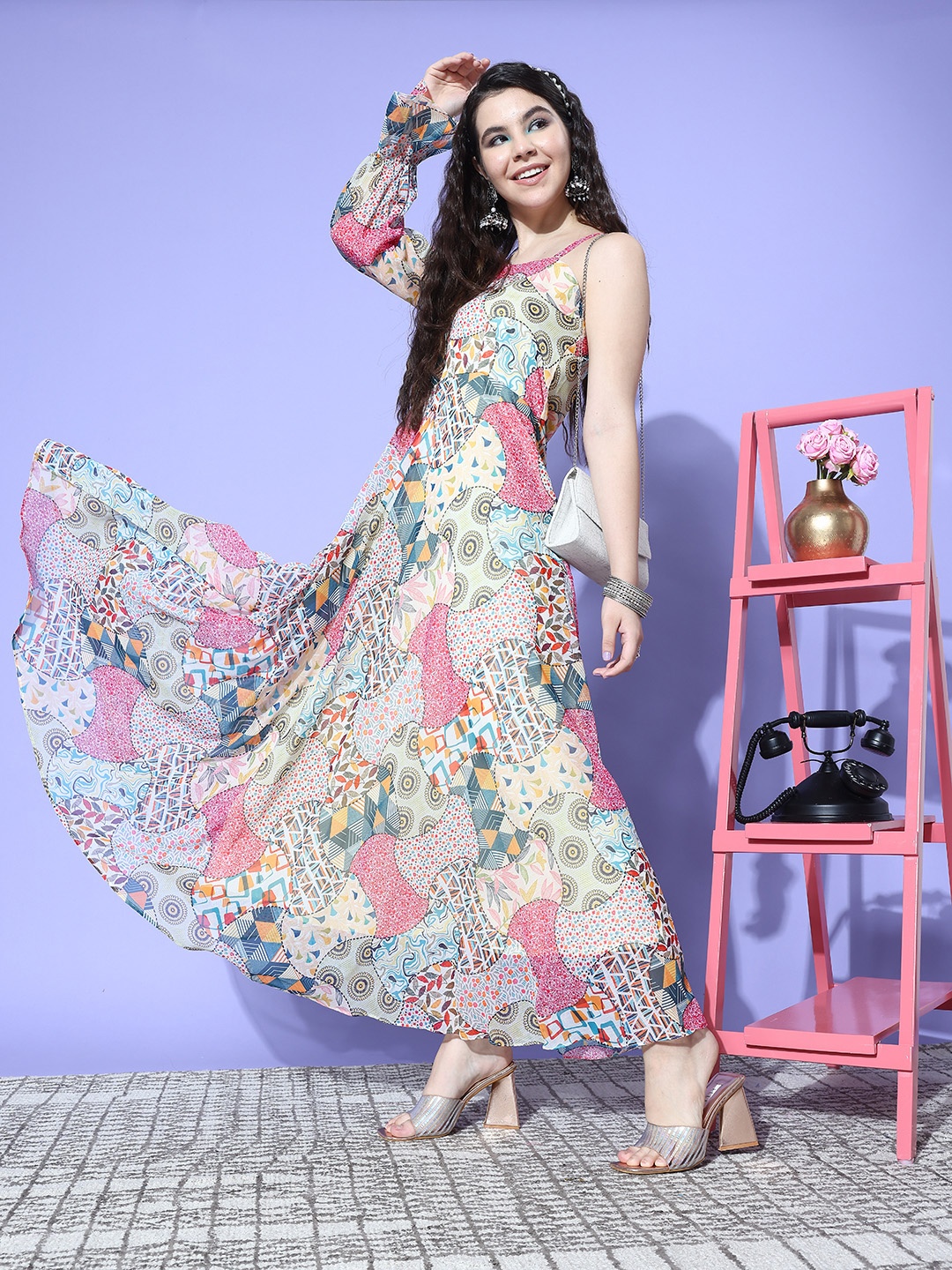

Varanga Abstract Printed One Shoulder Puff Sleeve Chiffon A-Line Maxi Dress, Cream