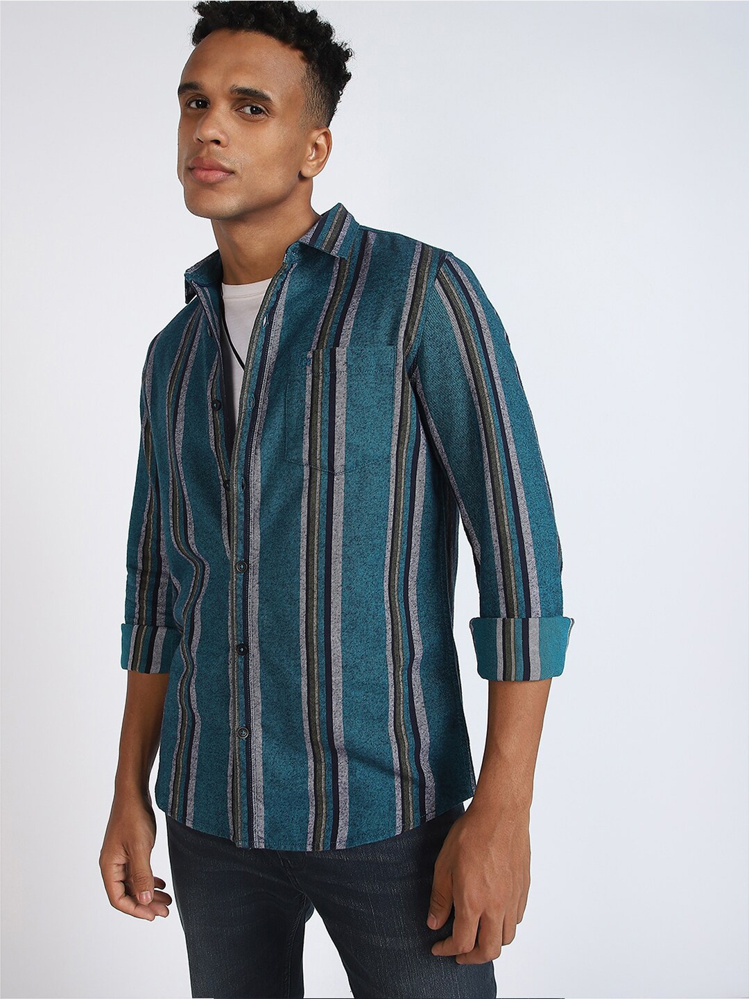 

Lee Vertical Striped Cotton Casual Shirt, Teal