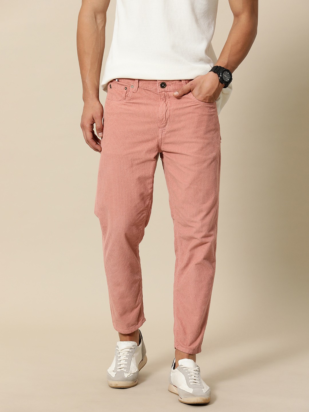 

Mr Bowerbird Men Pure Cotton Corduroy Tapered Fit Jeans, Pink