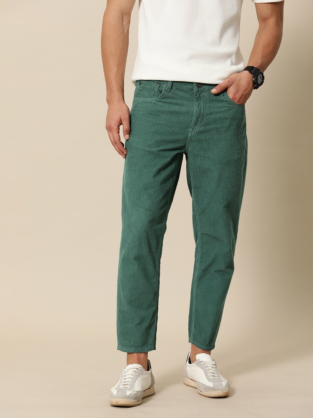 

Mr Bowerbird Men Pure Cotton Corduroy Tapered Fit Jeans, Green