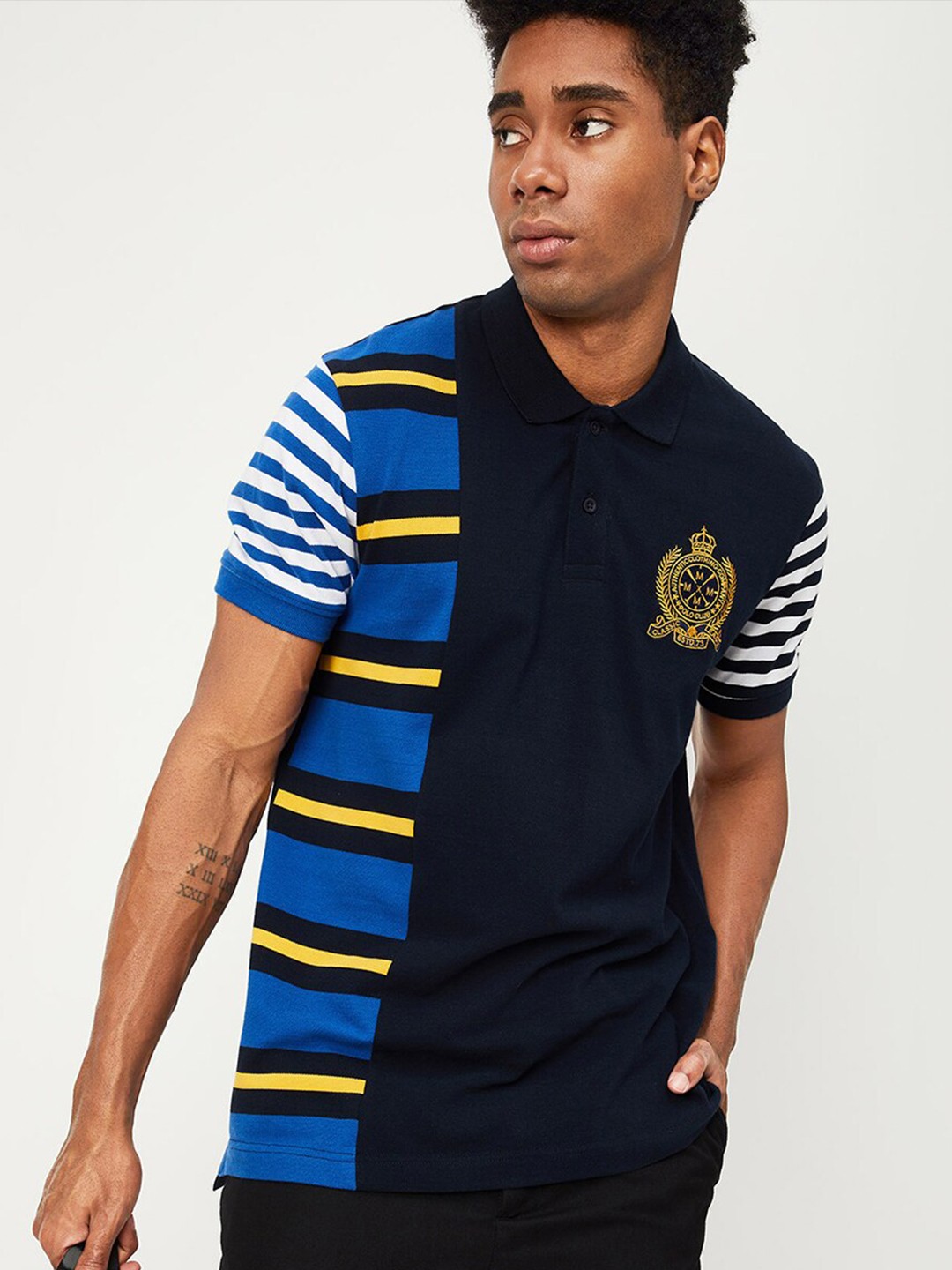 

max Blue Colourblocked Polo Collar Cotton T-Shirt