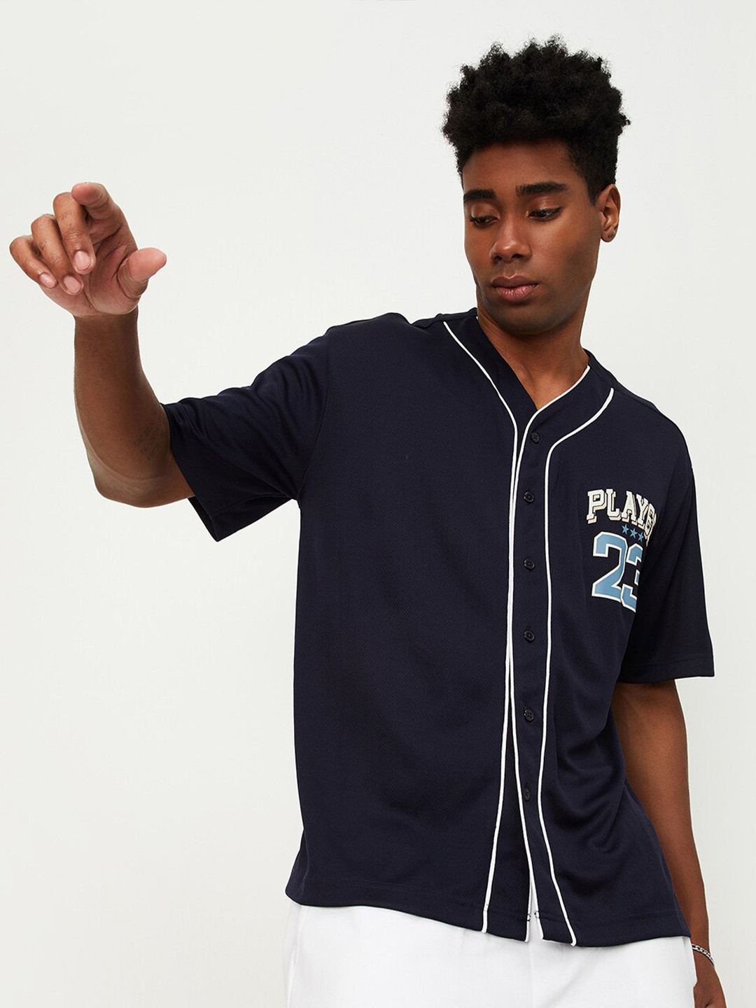 

max Typography Printed Drop Shoulder Sleeves T-Shirt, Navy blue