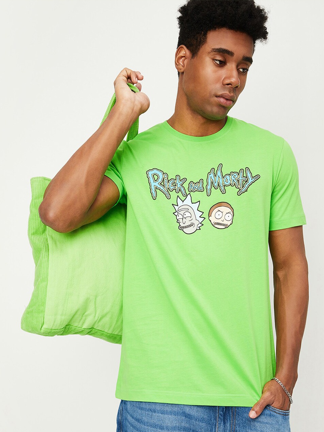 max Typography Rick & Morty Printed Cotton T-Shirt, Green