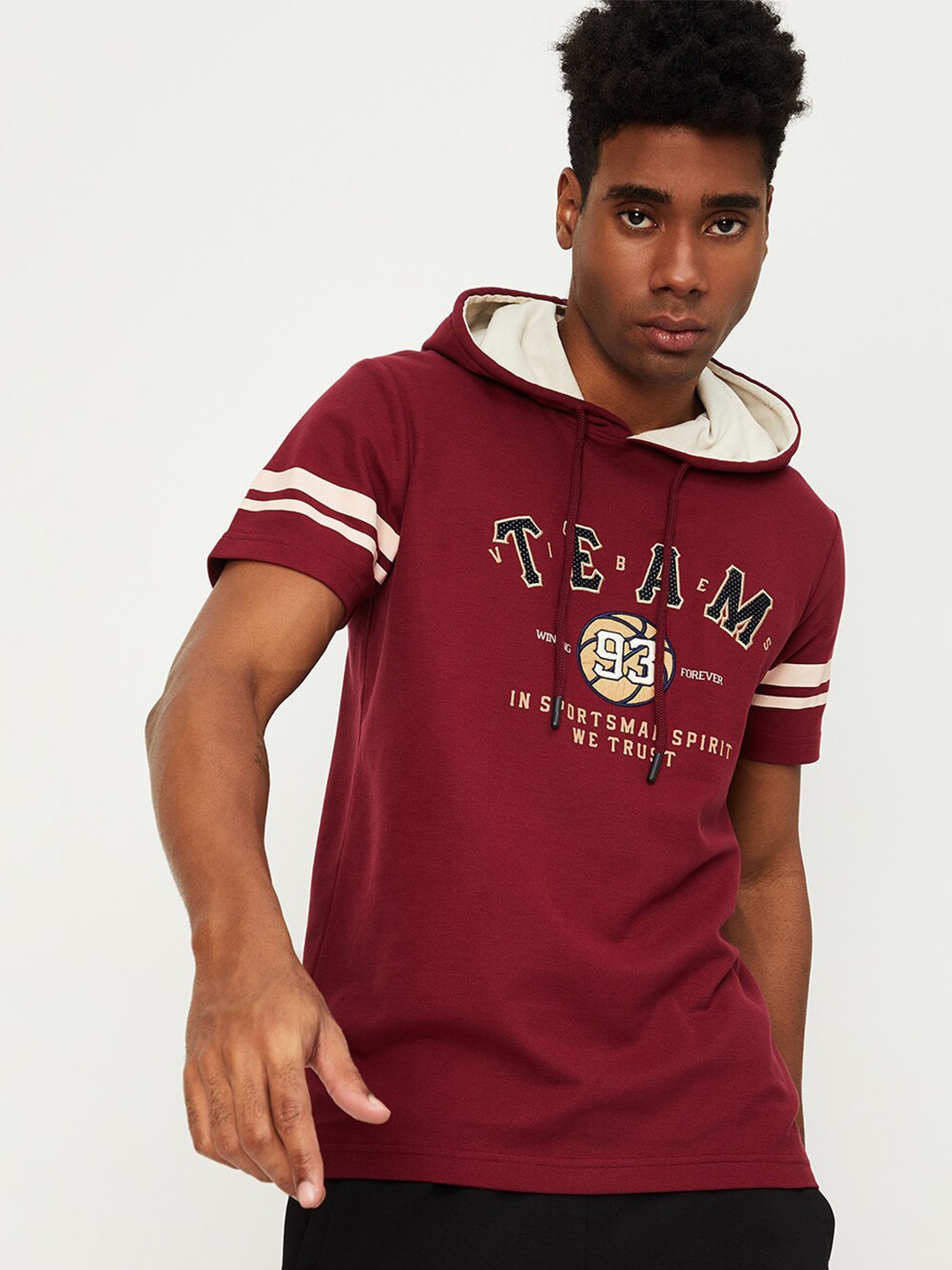 

max Typography Printed Hooded Cotton T-Shirt, Maroon