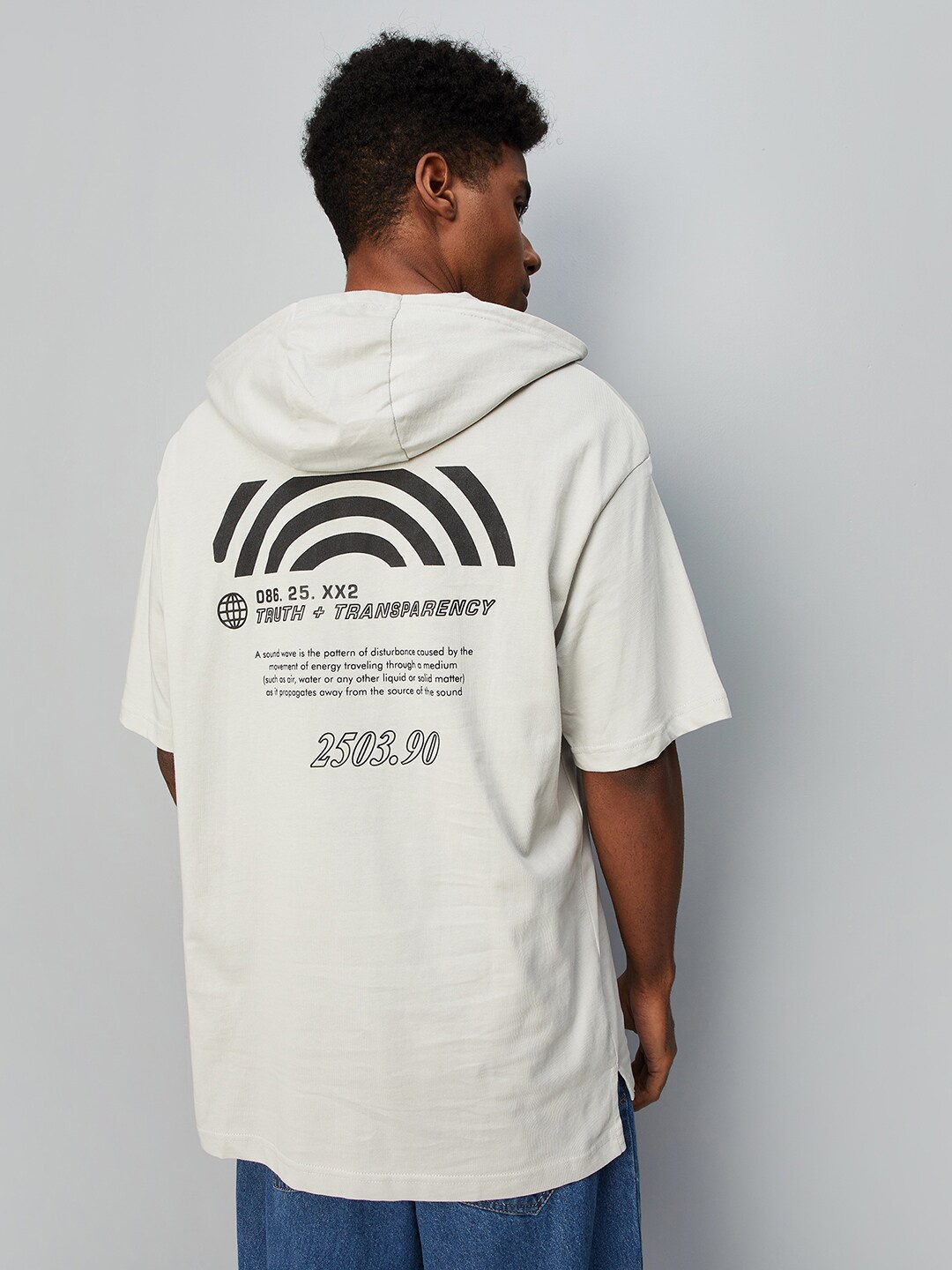 max Typography Printed Hooded Cotton T-shirt, Grey