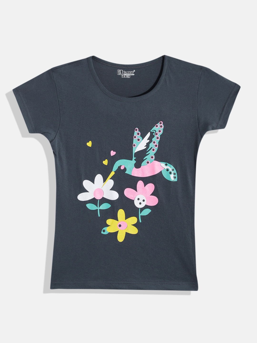 

Eteenz Girls Printed Premium Cotton T-shirt, Charcoal
