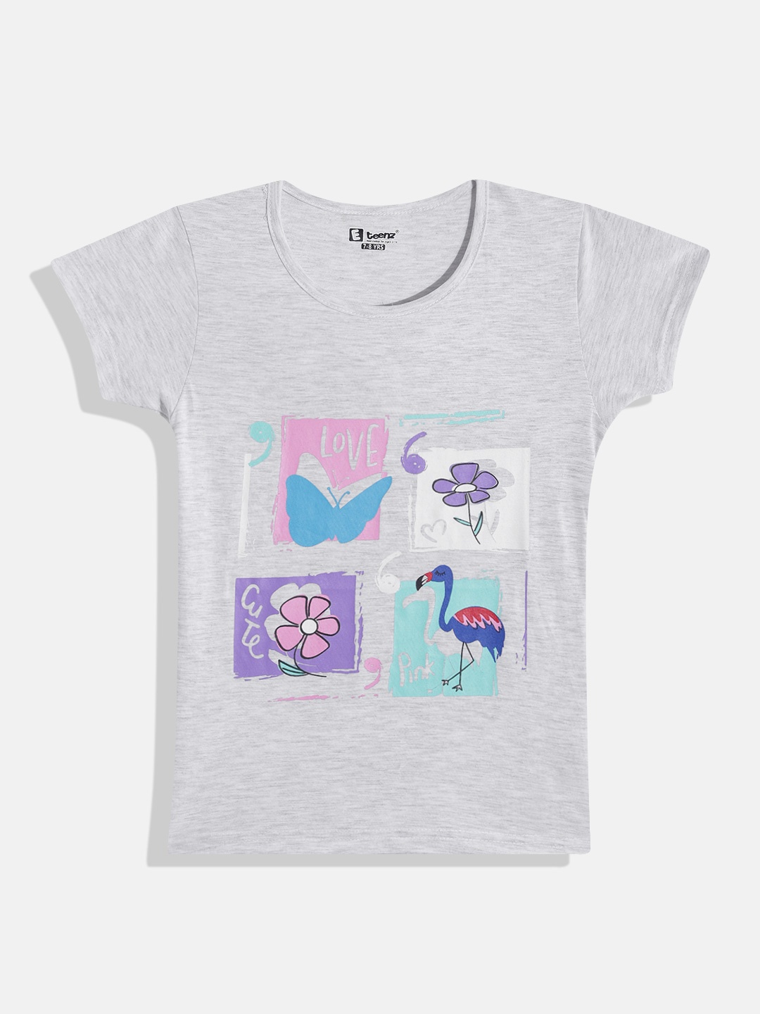 

Eteenz Girls Printed Premium Cotton T-shirt, Grey melange