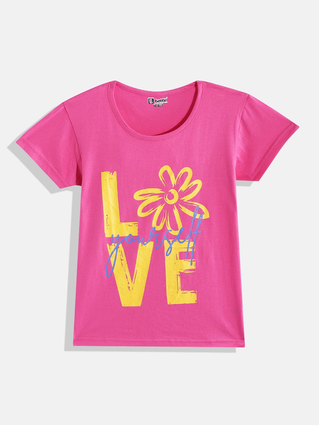 

Eteenz Girls Premium Cotton Floral & Typography Printed T-shirt, Pink