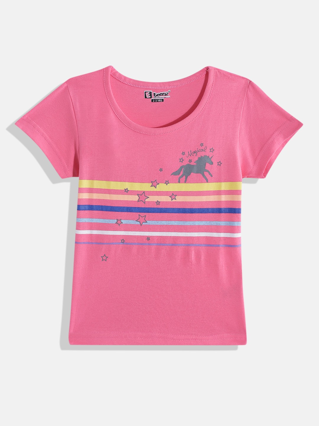 

Eteenz Girls Premium Cotton Striped & Conversational Printed T-shirt, Pink