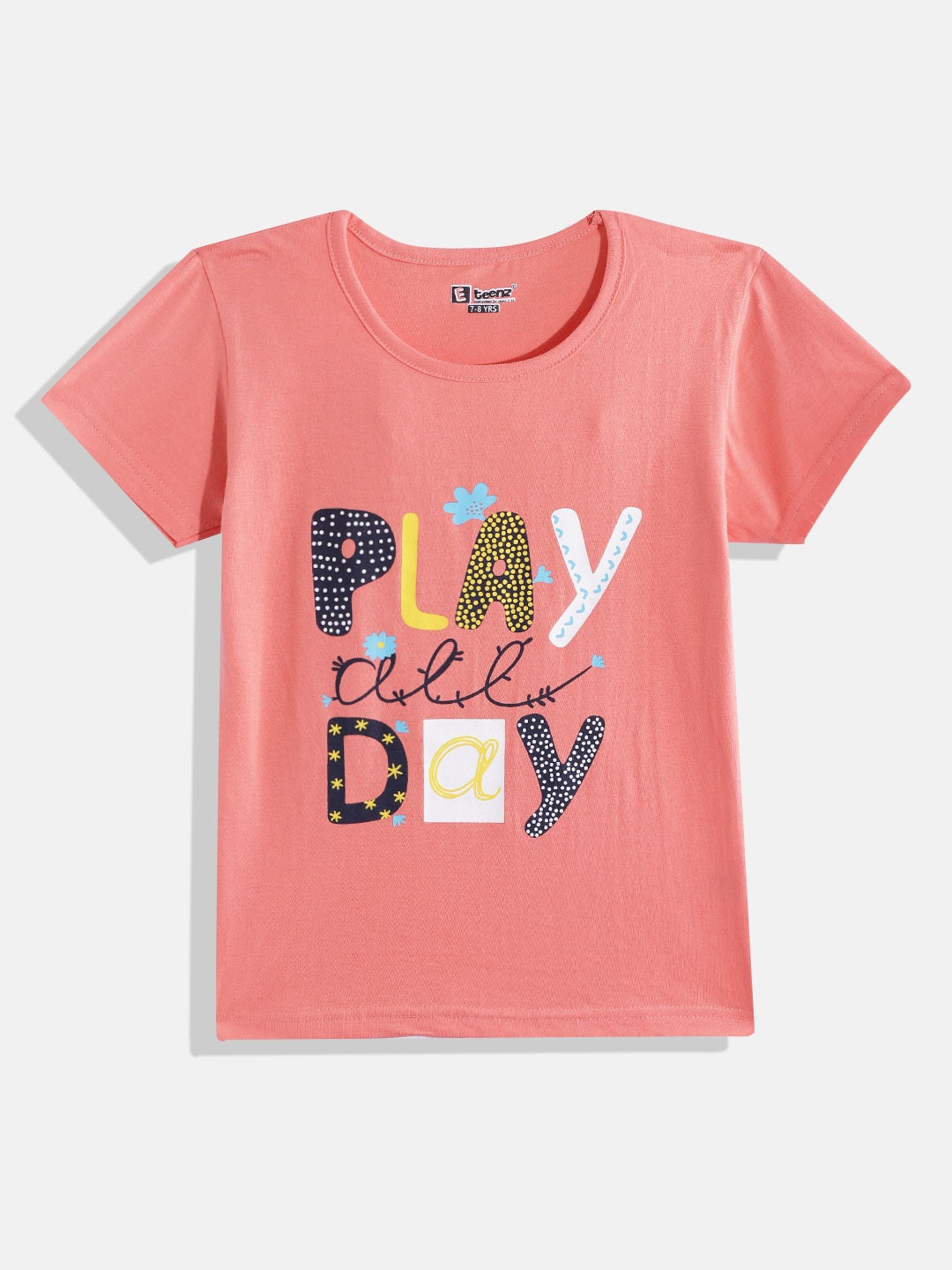 

Eteenz Girls Premium Cotton Typography Printed T-shirt, Peach