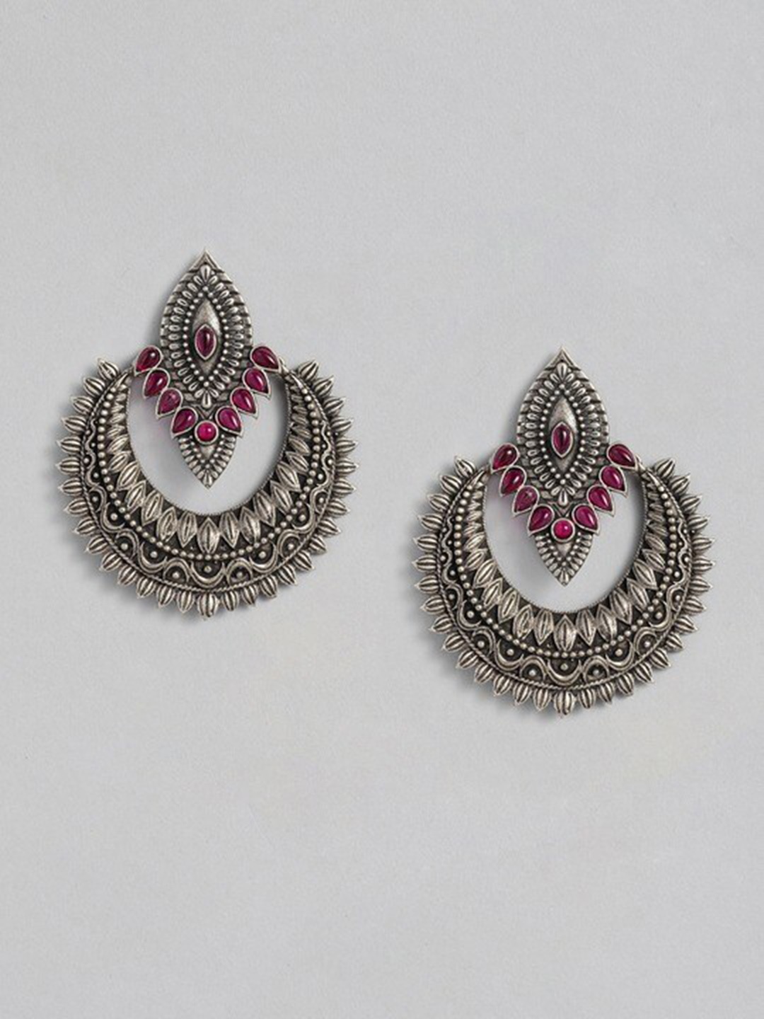 

justpeachy Silver-Plated Classic Stone Studded Oxidized Chandbalis
