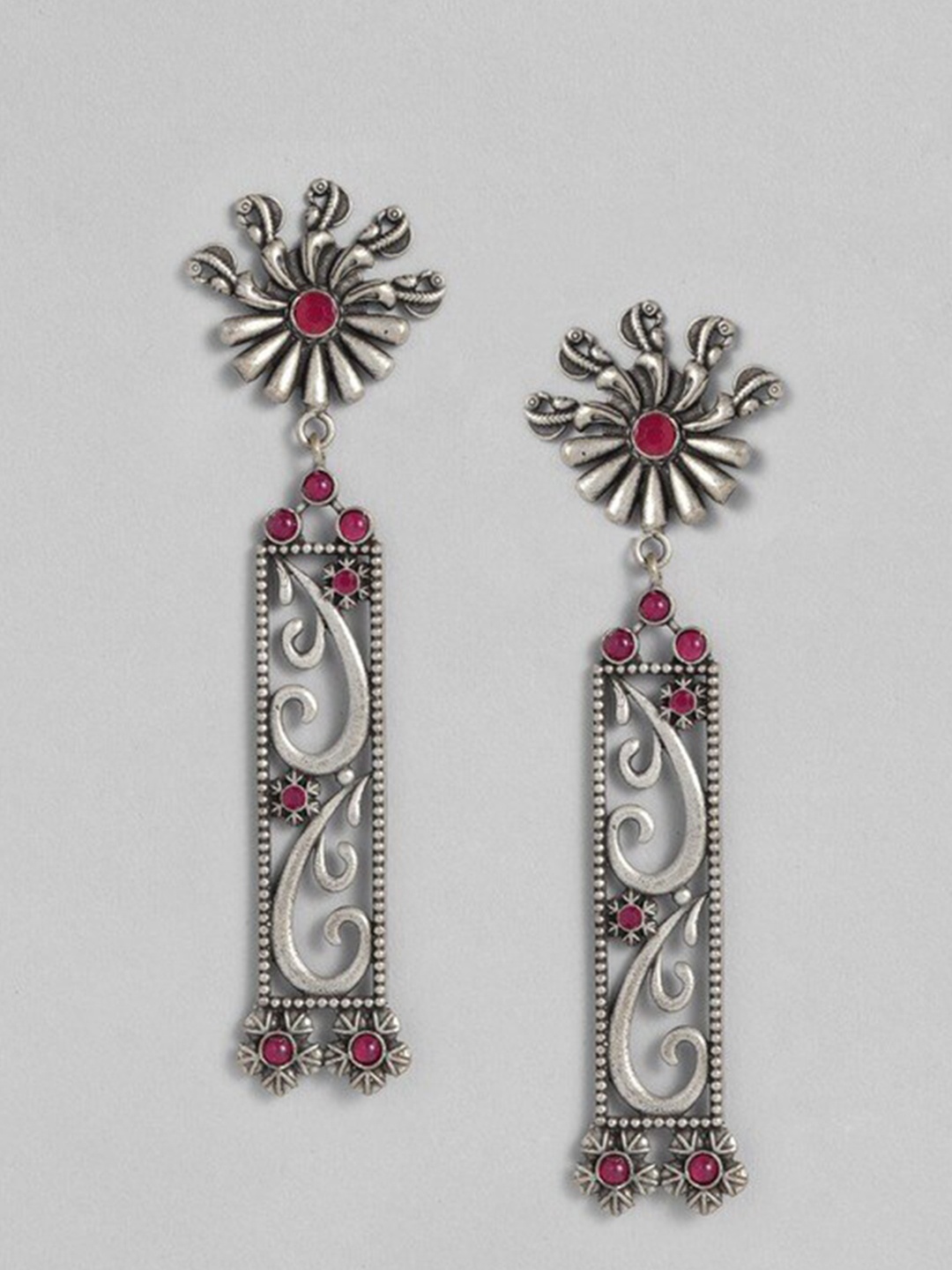 

justpeachy Silver-Plated Classic Stone Studded Oxidised Drop Earrings
