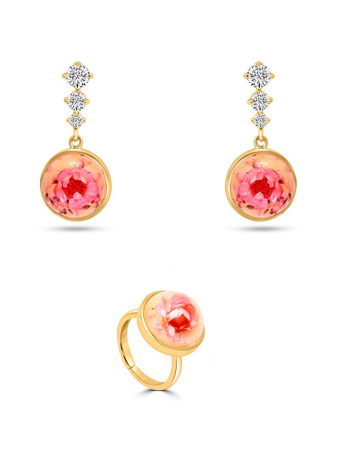 

March by FableStreet Dry Flower Silver Earrings with Finger Ring, Gold