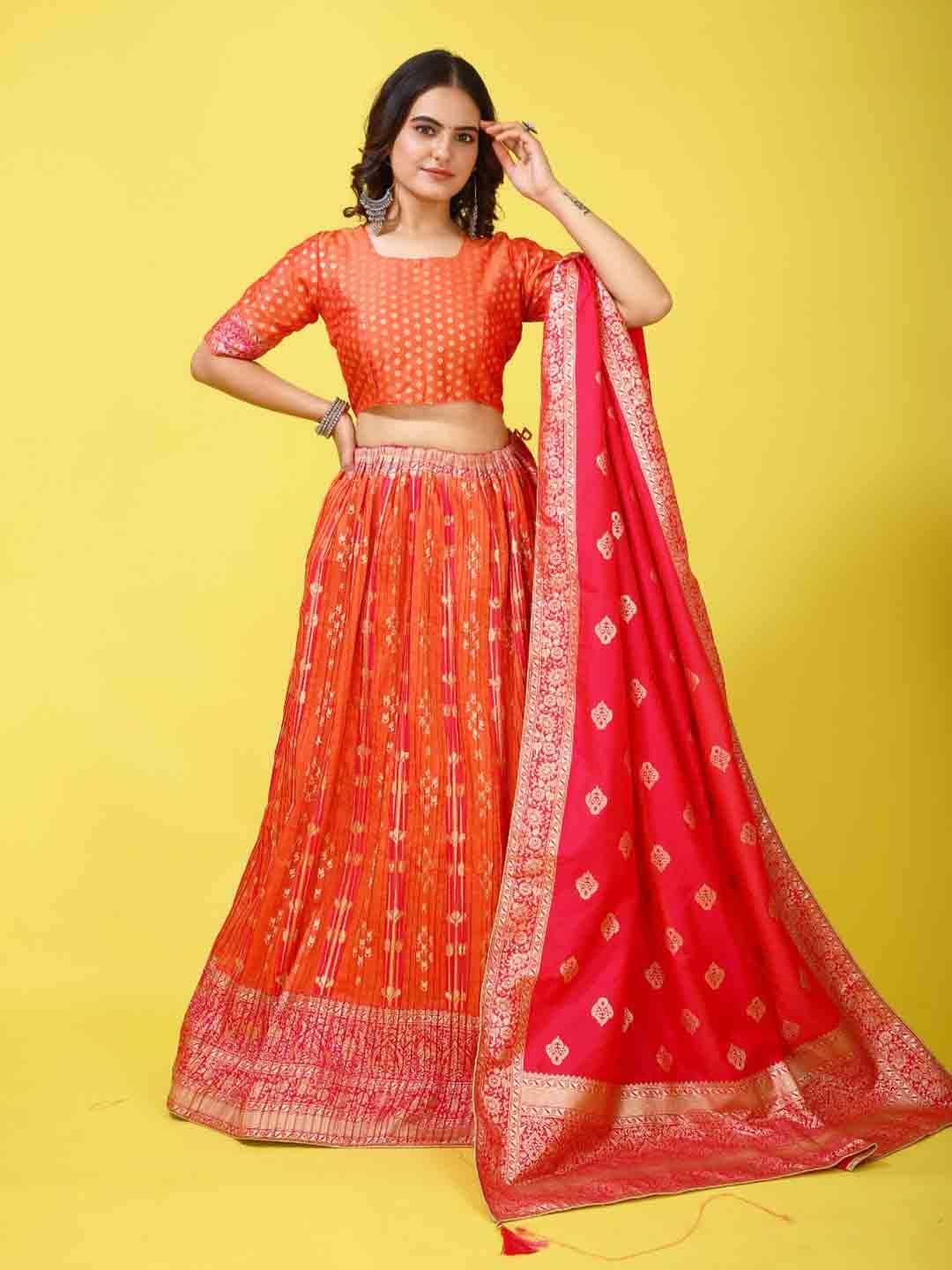 

elora Ethnic Woven Design Silk Semi-Stitched Lehenga & Unstitched Blouse With Dupatta, Orange