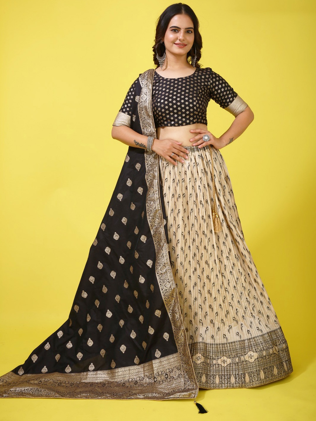 

elora Ethnic Woven Design Silk Semi-Stitched Lehenga & Unstitched Blouse With Dupatta, Cream