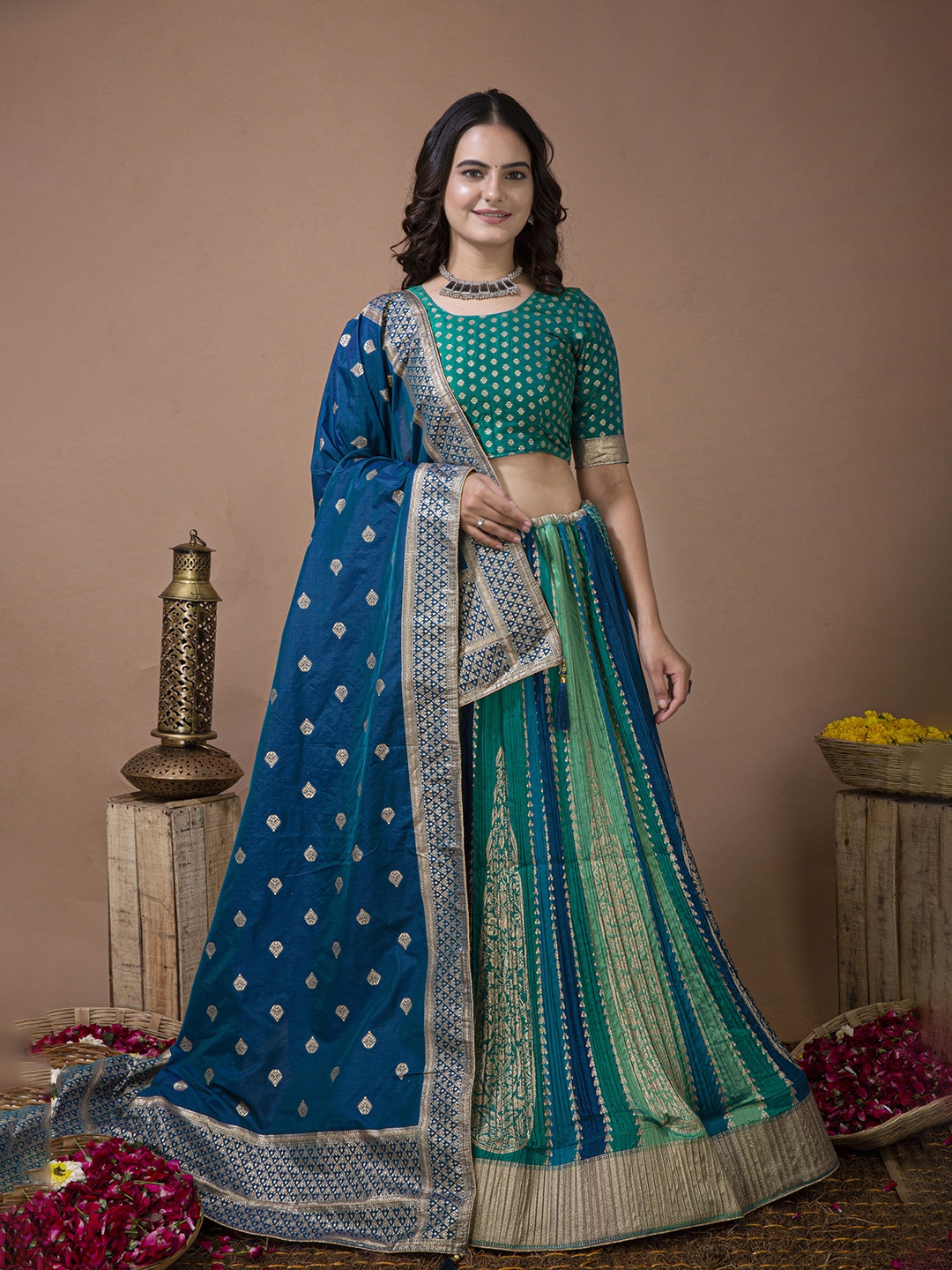 

elora Ethnic Woven Design Silk Semi-Stitched Lehenga & Unstitched Blouse With Dupatta, Green