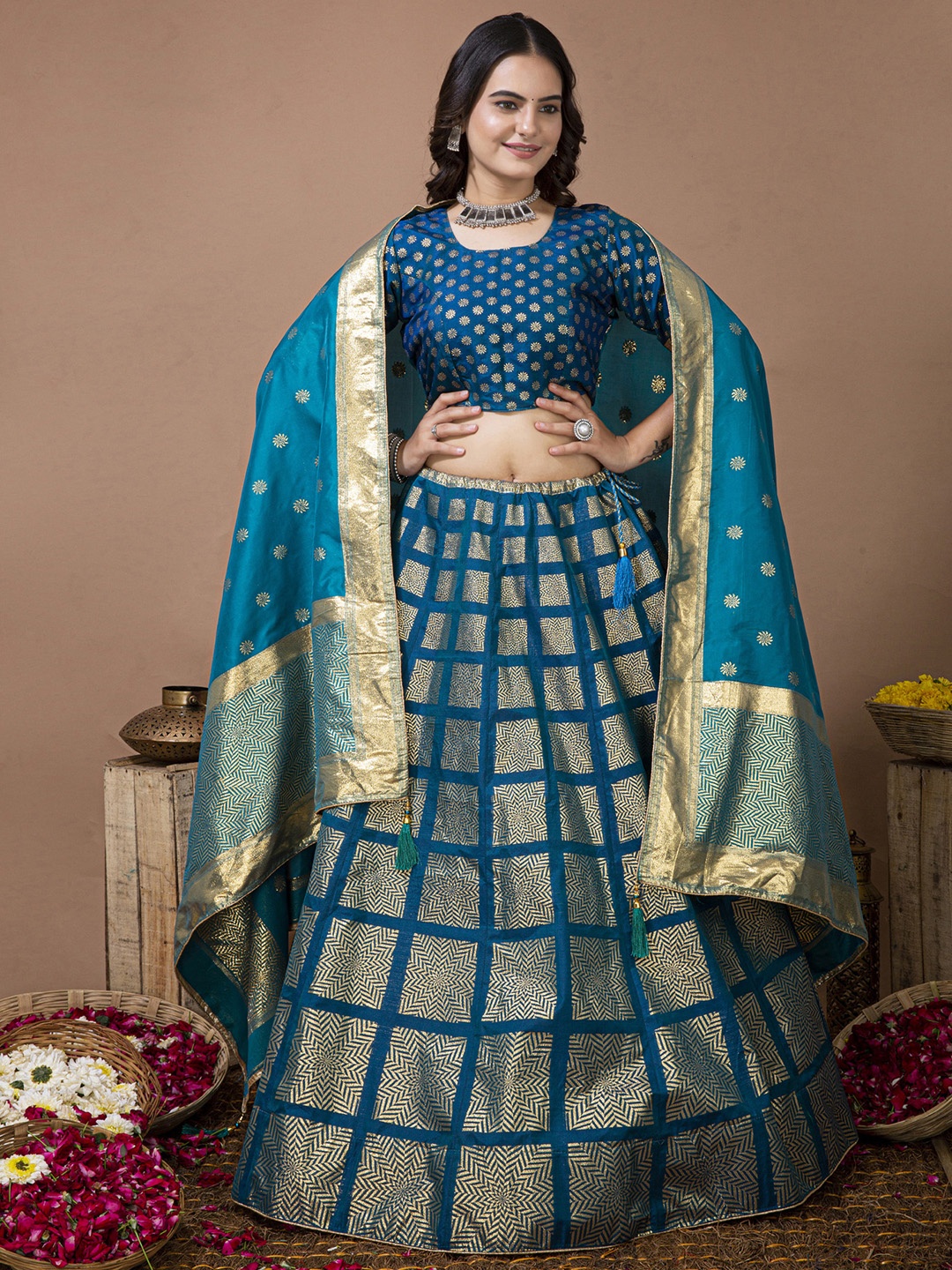 

elora Navy Woven Design Semi-Stitched Silk Lehenga & Unstitched Blouse With Dupatta, Navy blue
