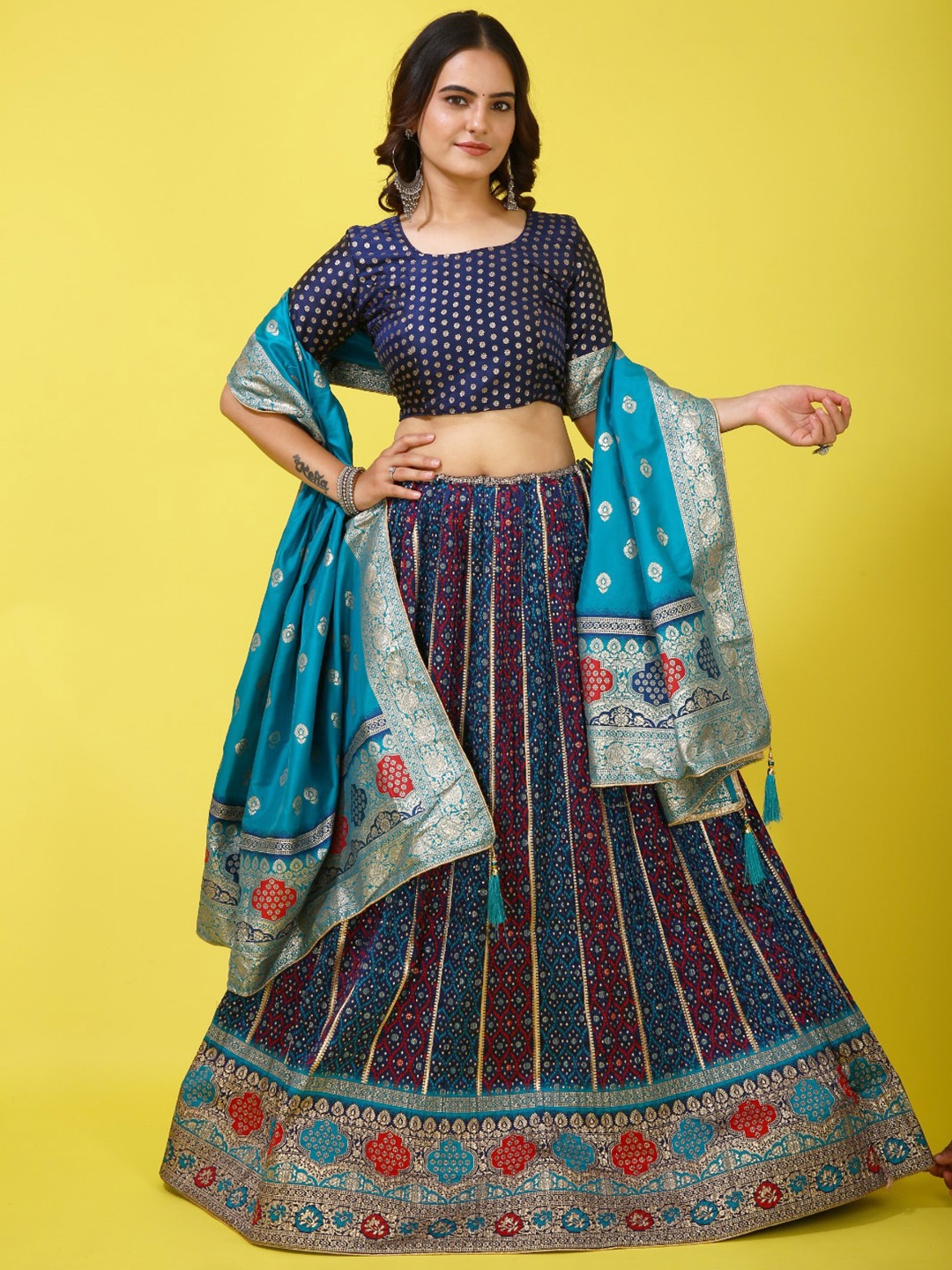 

elora Ethnic Woven Design Silk Semi-Stitched Lehenga & Unstitched Blouse With Dupatta, Navy blue