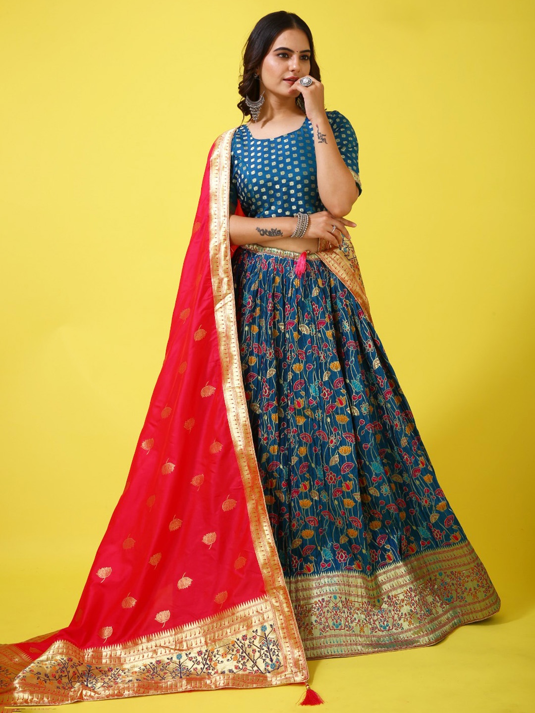 

elora Ethnic Motifs Woven Design Semi-Stitched Lehenga & Unstitched Blouse With Dupatta, Blue