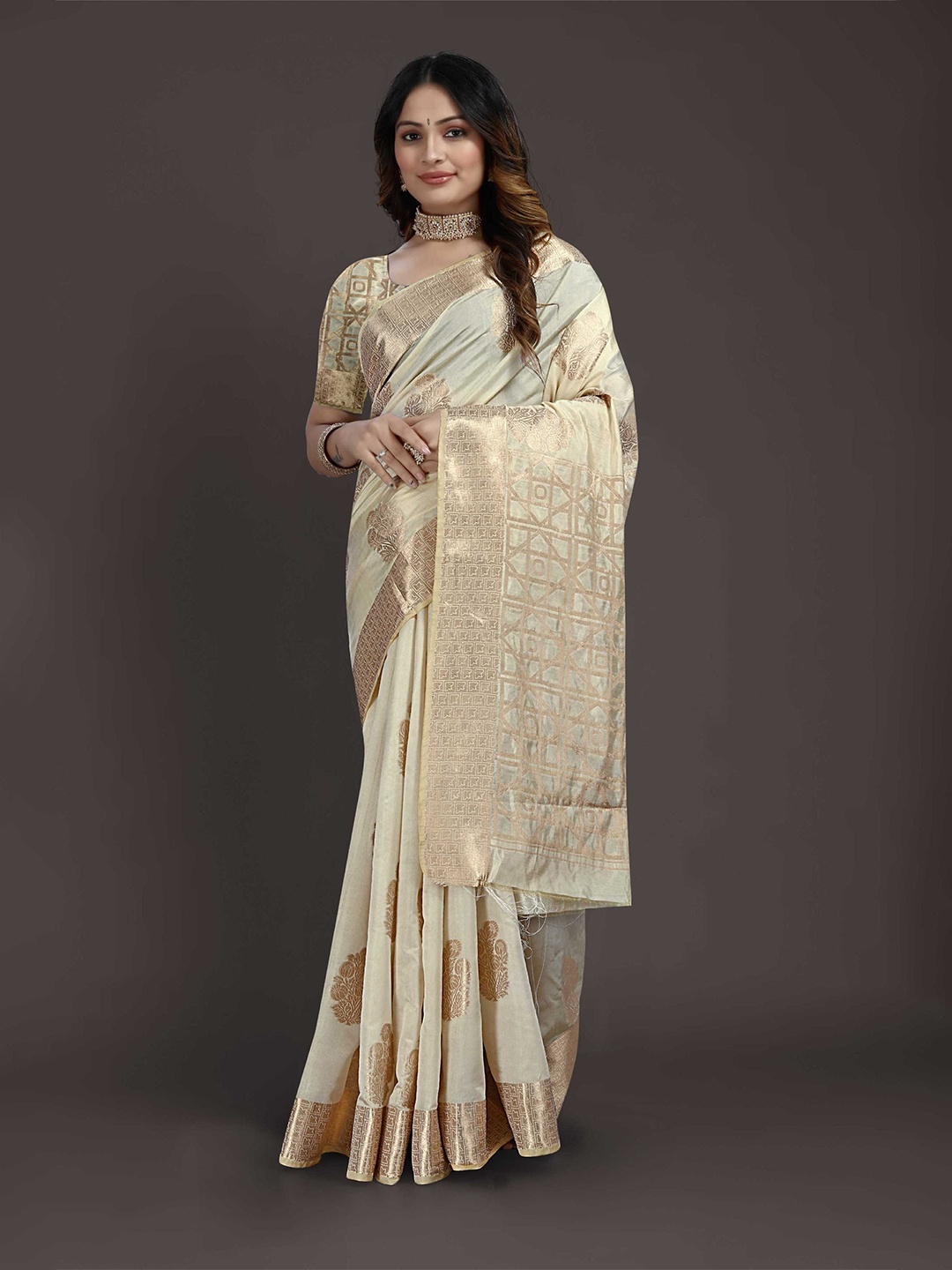 

Mitera Floral Woven Design Zari Banarasi Saree, White