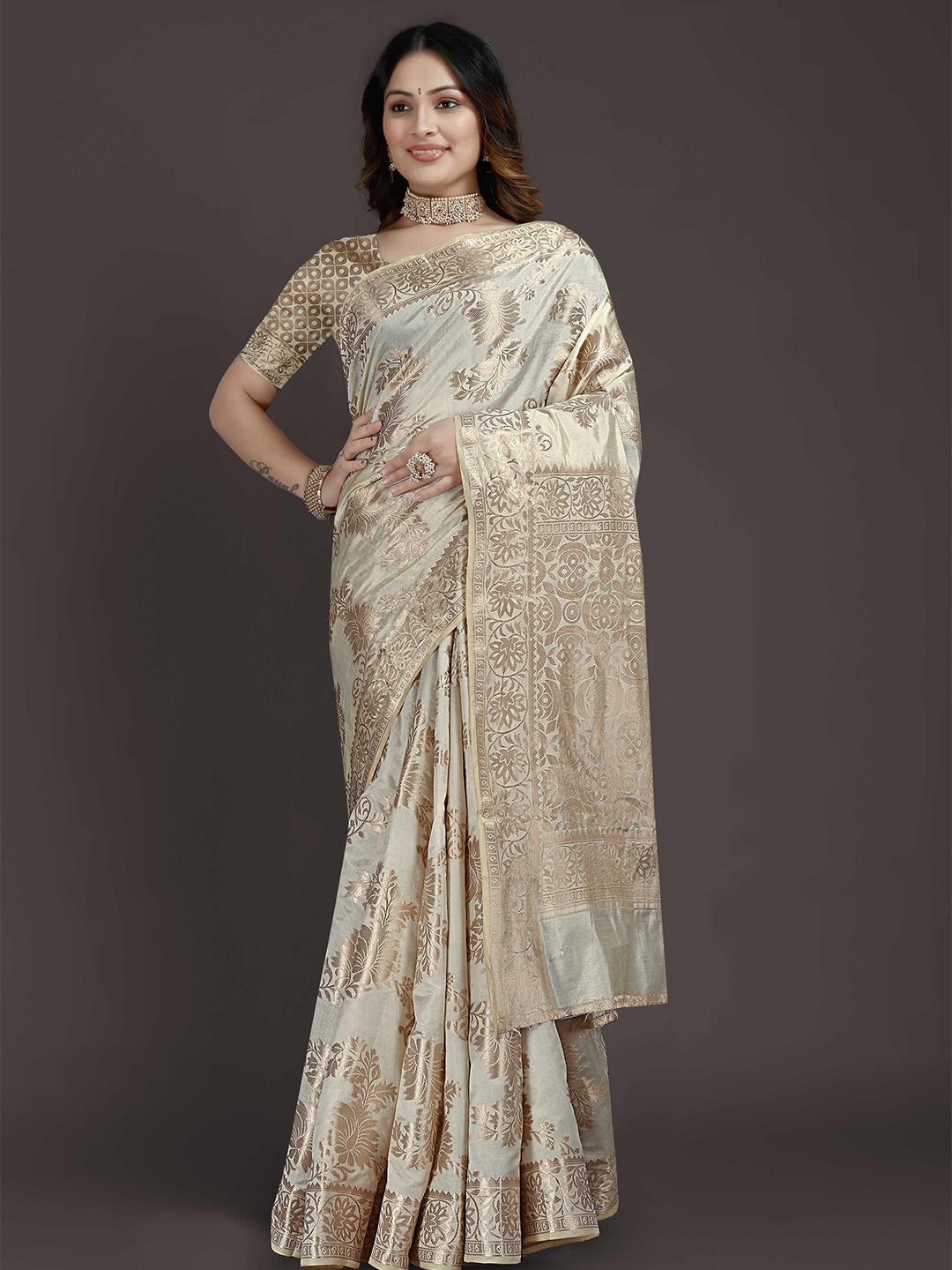 

Mitera Floral Woven Design Zari Banarasi Saree, White