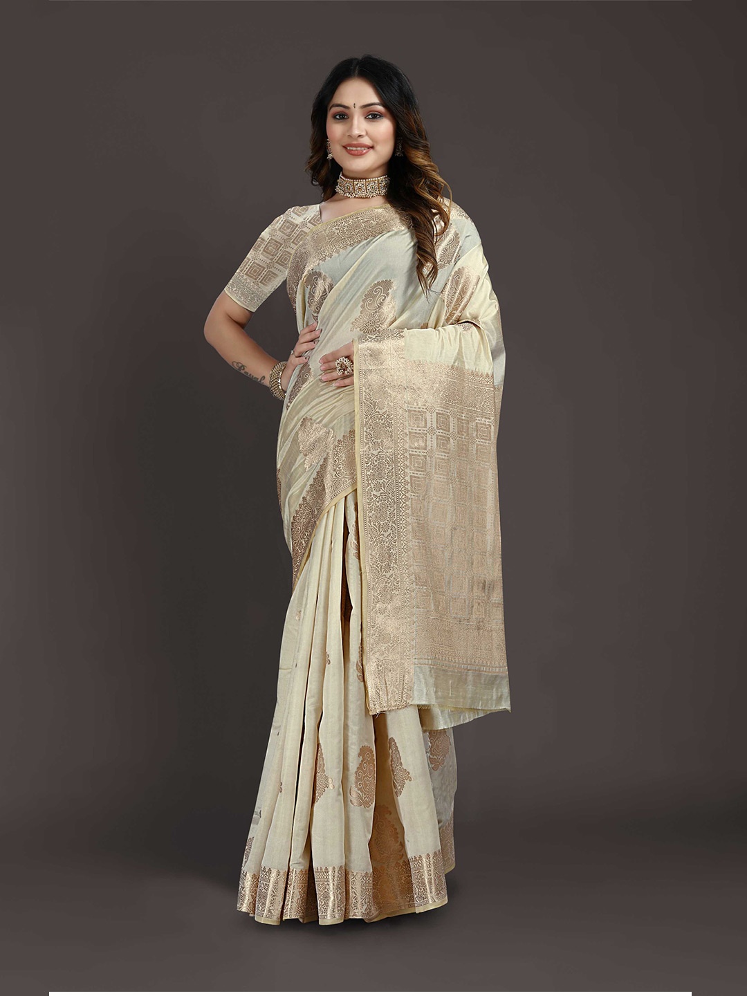 

Mitera Woven Design Zari Banarasi Saree, Cream