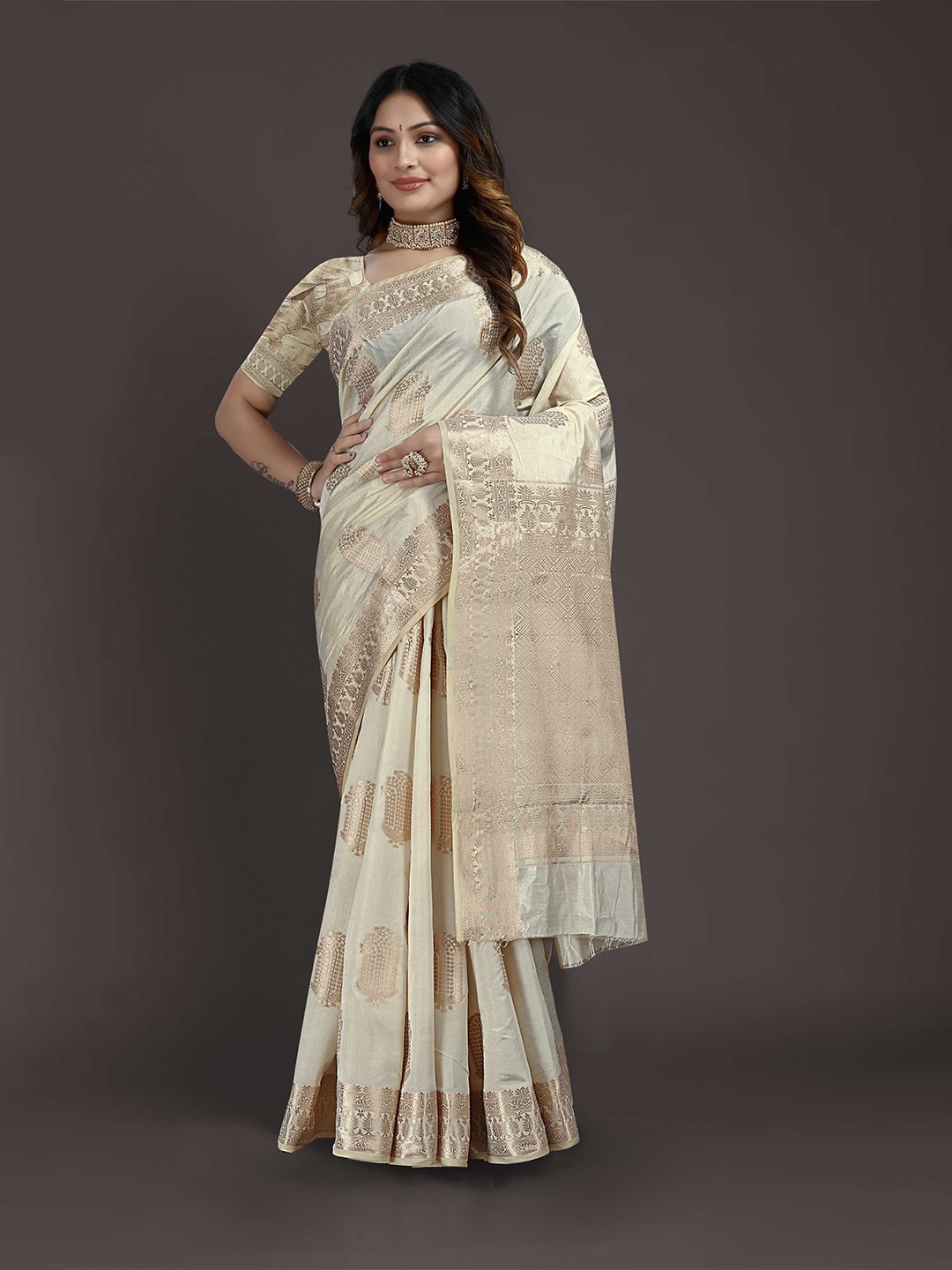 

Mitera Woven Design Zari Banarasi Saree, Silver