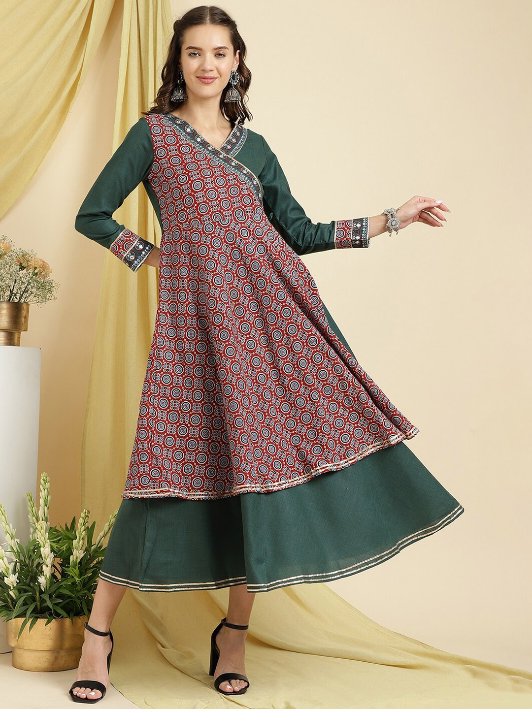

Be Indi Cotton Printed and Embroidered V-Neck Gotta Patti Detailing Midi Dress, Green