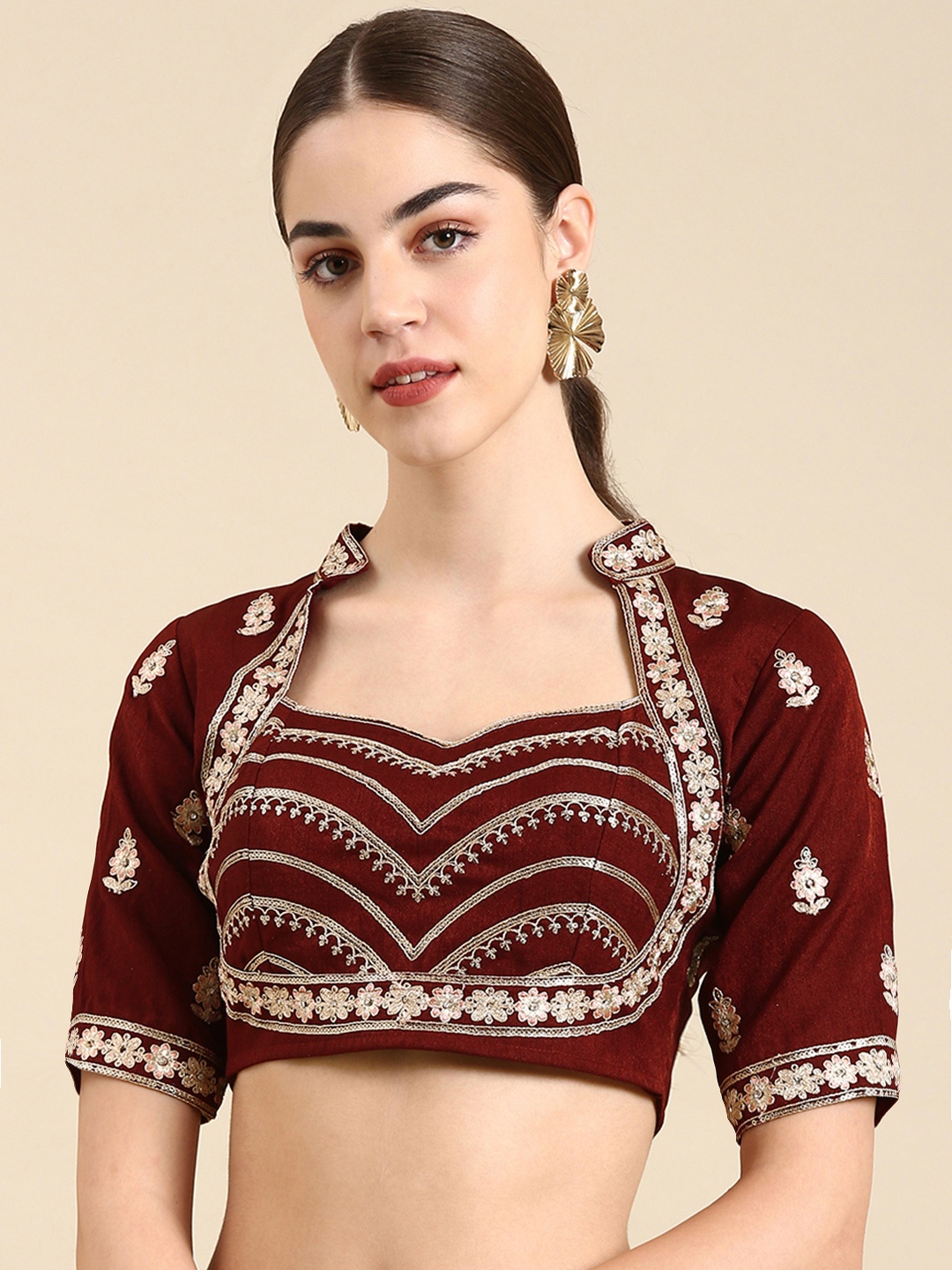 

flaher Women Embroidered Silk Readymade Padded Saree Blouse, Maroon