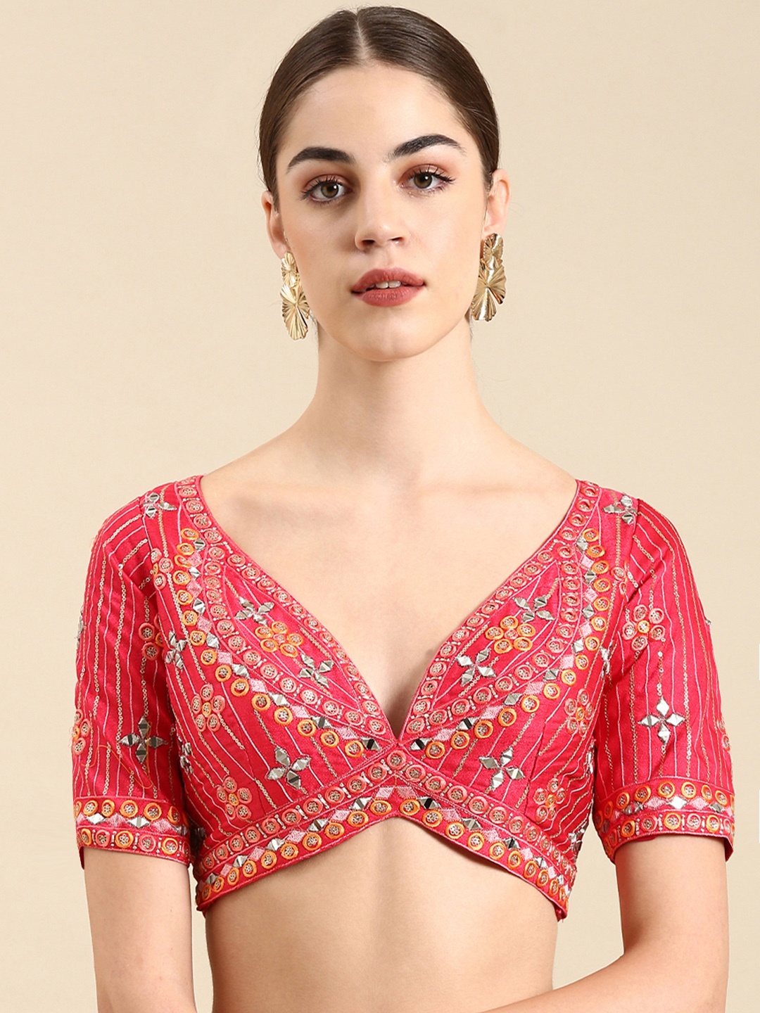 

flaher Women Embroidered Silk Readymade Padded Saree Blouse, Coral