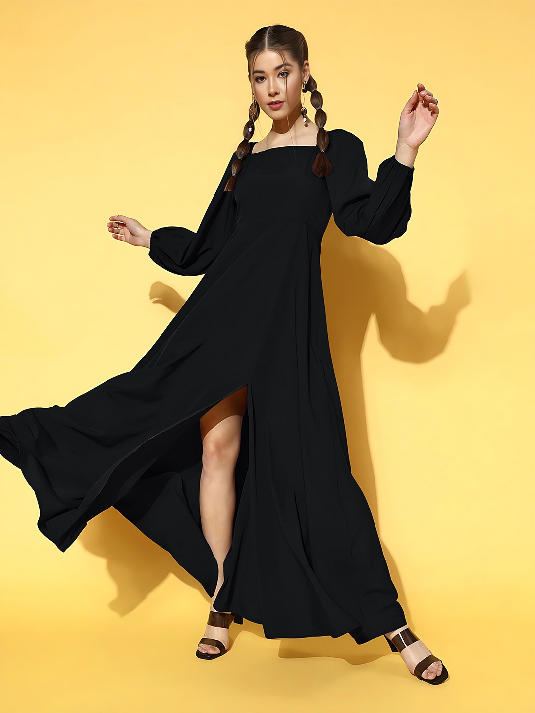 

Femvy Square Neck Puff Sleeves Cut-Outs Maxi Dress, Black