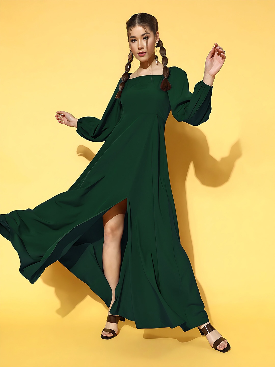 

Femvy Square Neck Puff Sleeves Cut-Outs Maxi Dress, Green