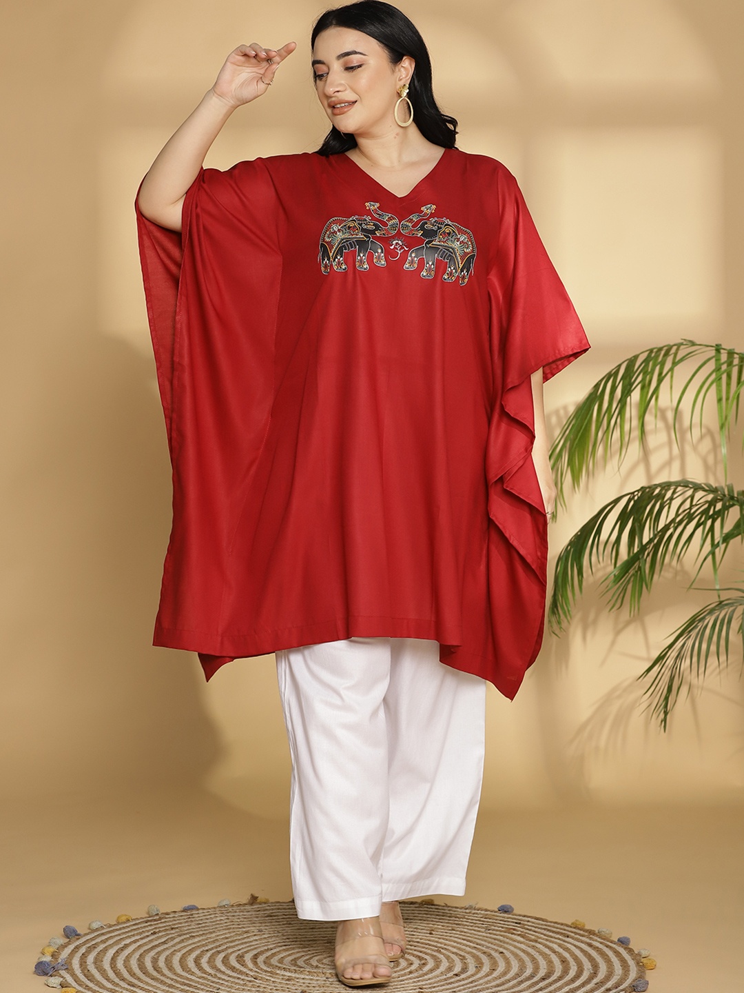 

LetsDressUp Flared Sleeves Ethnic Printed Detail Kaftan Kurta, Maroon