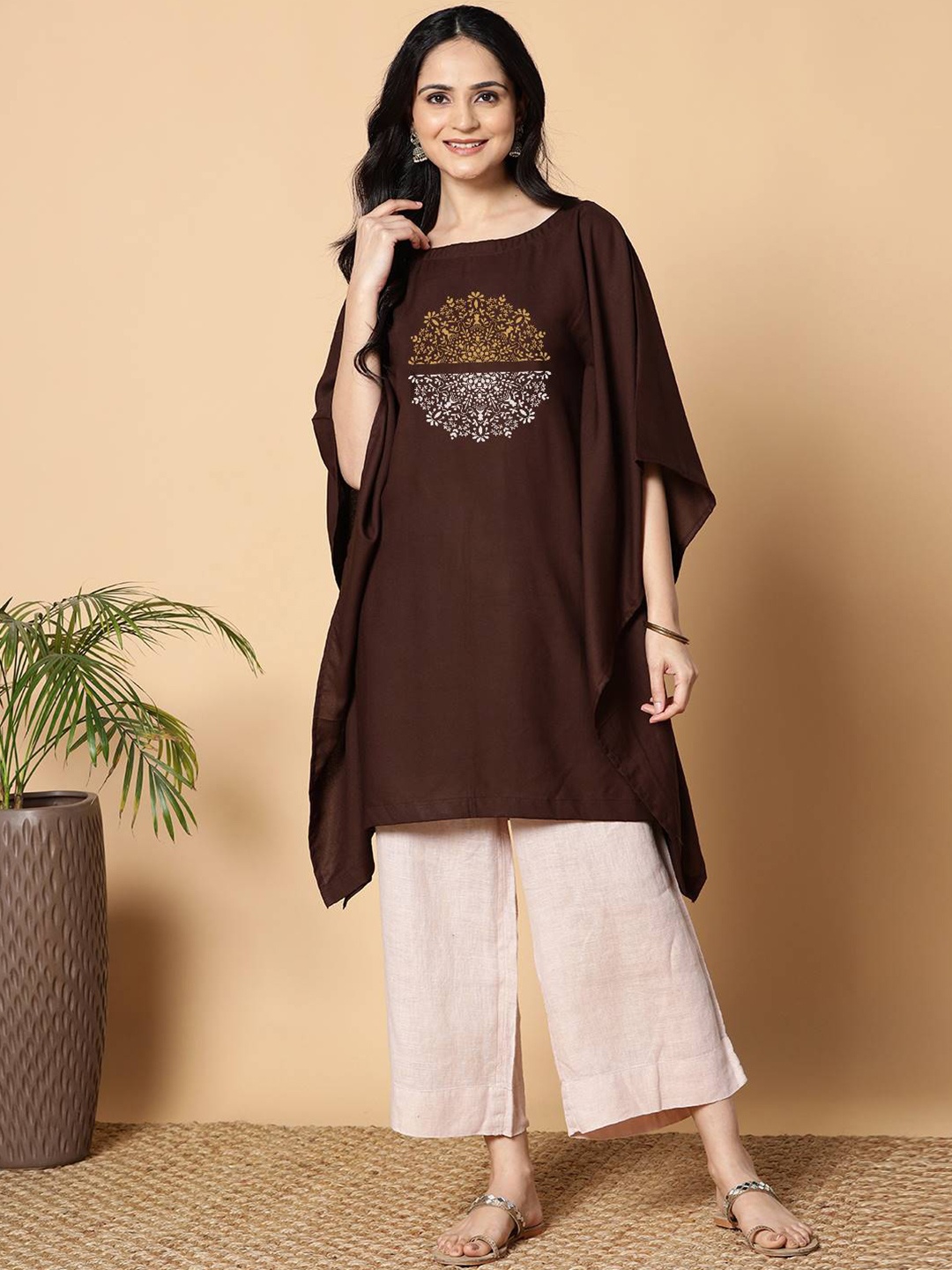 

LetsDressUp Flared Sleeves Ethnic Printed Detail Kaftan Kurta, Coffee brown