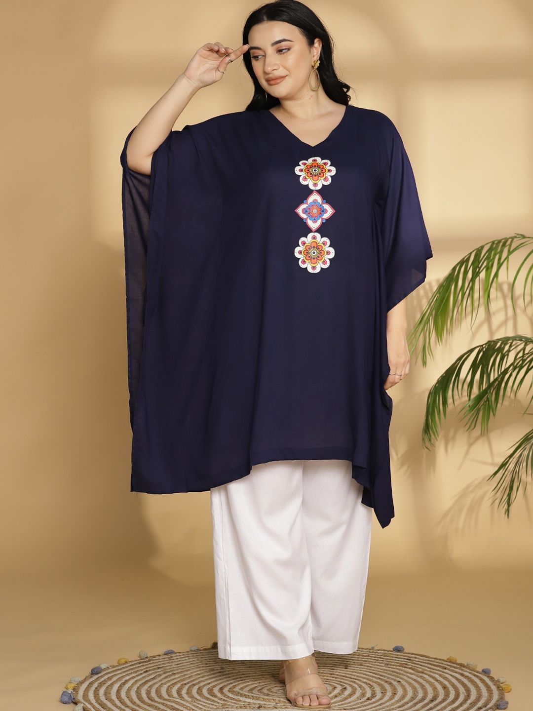 

LetsDressUp Flared Sleeves Ethnic Printed Detail Kaftan Kurta, Navy blue