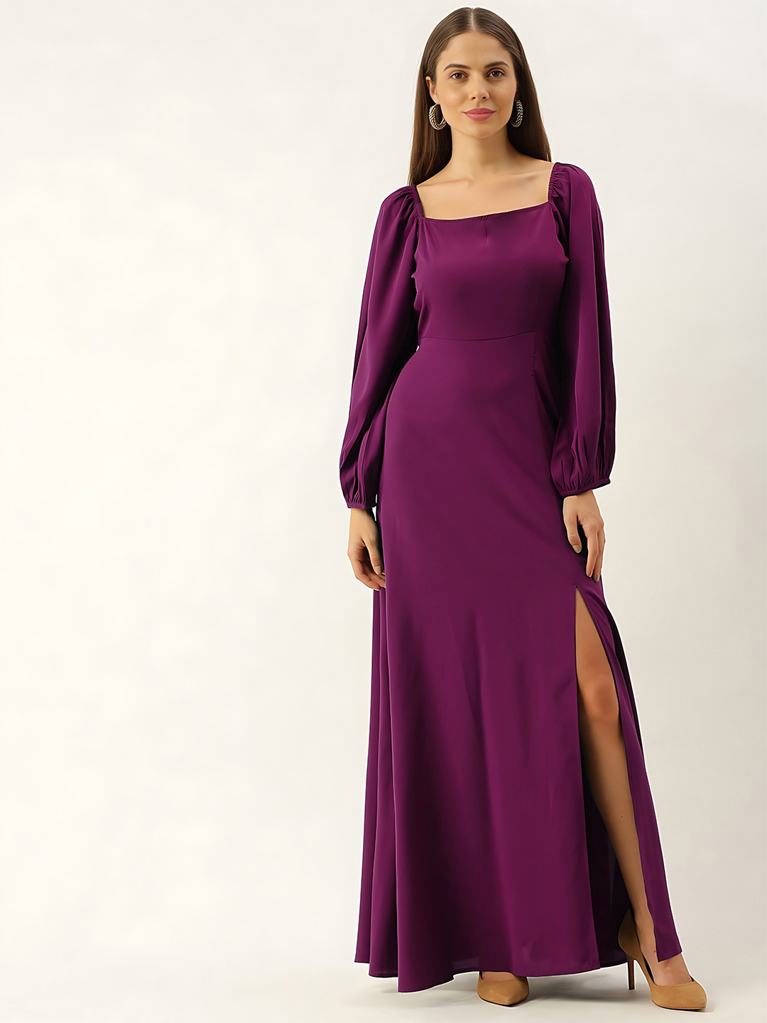 

Femvy Square Neck Puff Sleeves Cut-Outs Maxi Dress, Magenta