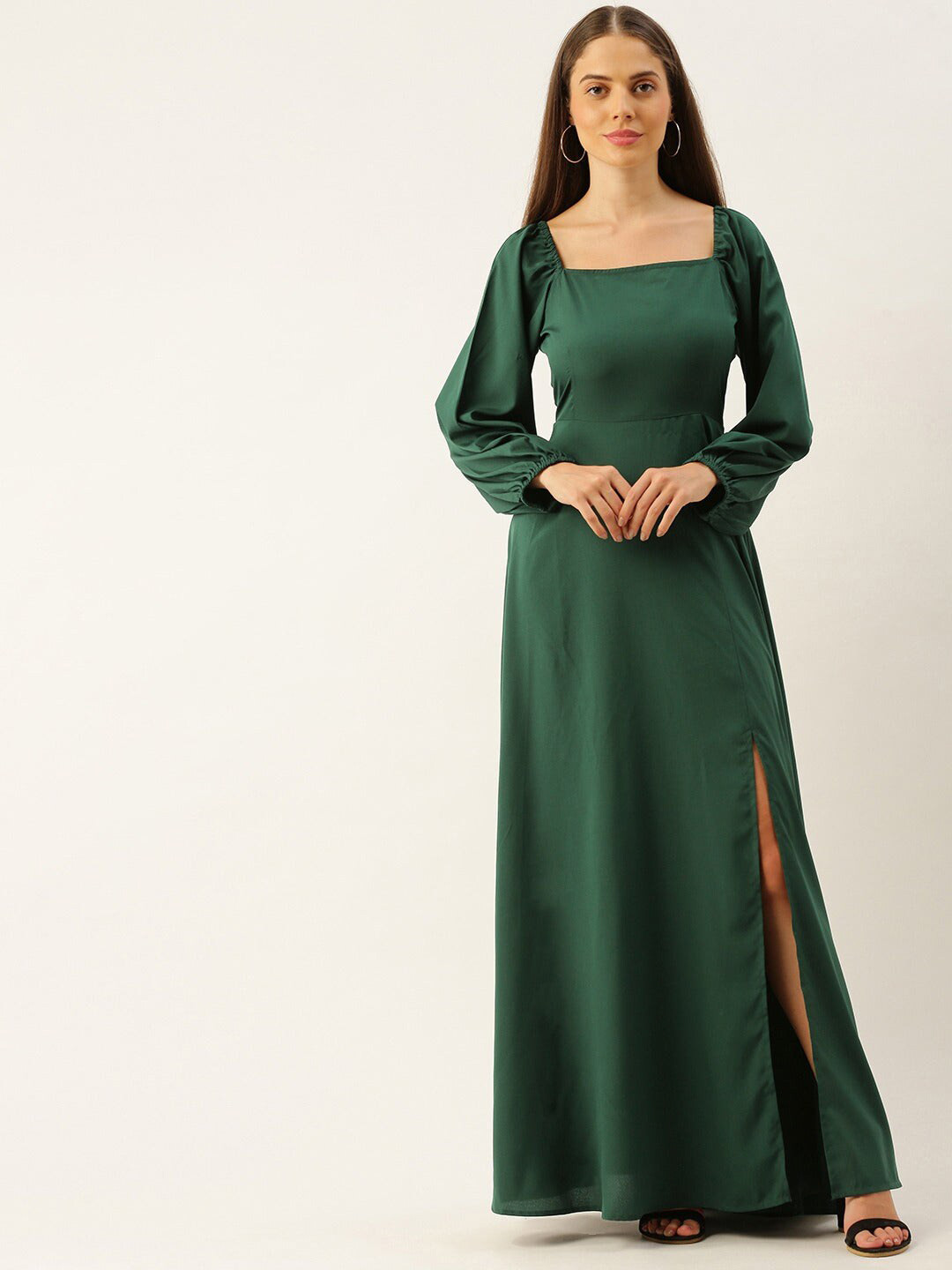 

Femvy Square Neck Puff Sleeves Cut-Outs Maxi Dress, Green