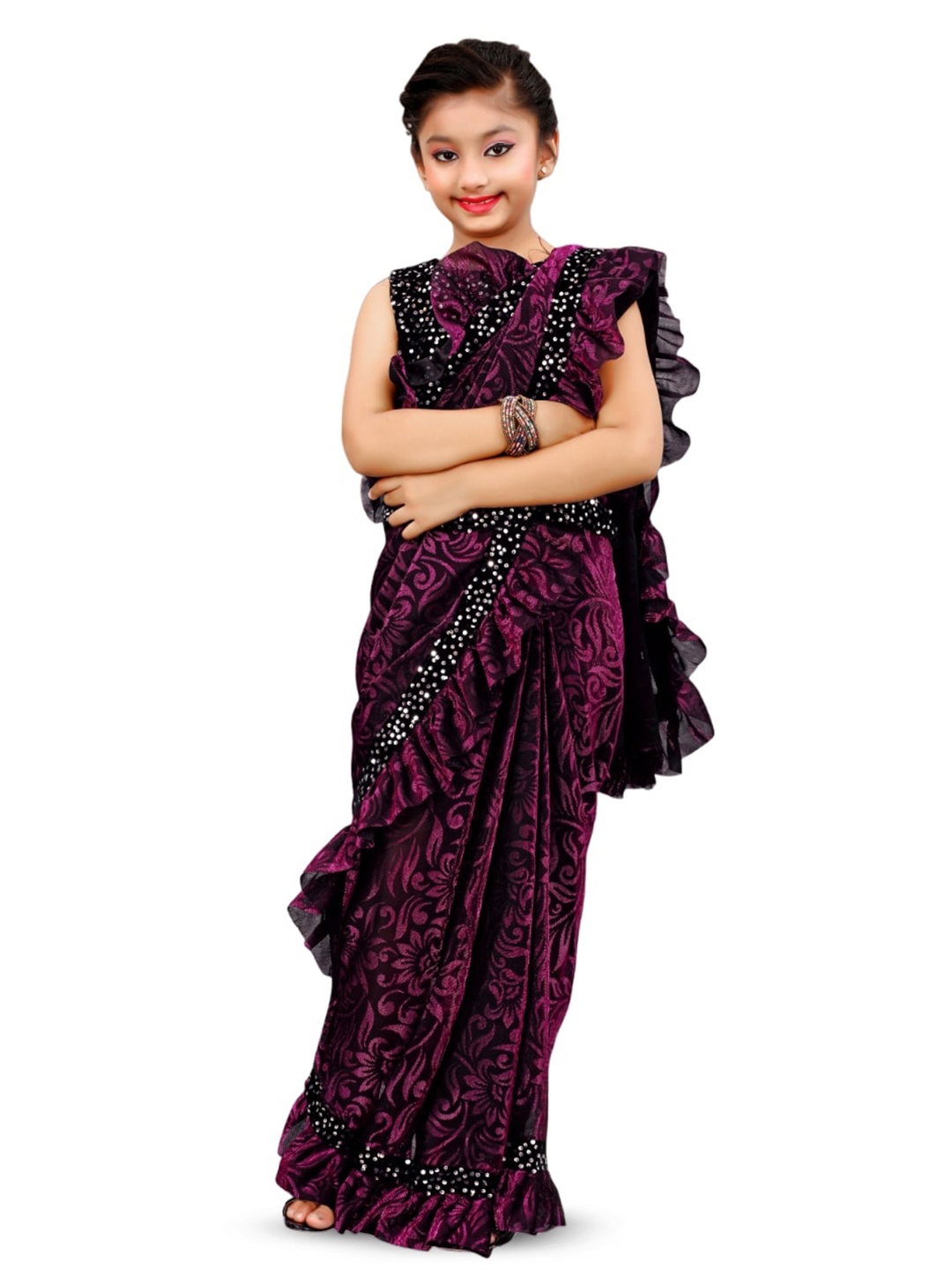 

Dhyey Fashion Girls Floral Printed Sequinned Ready to Wear Saree, Pink