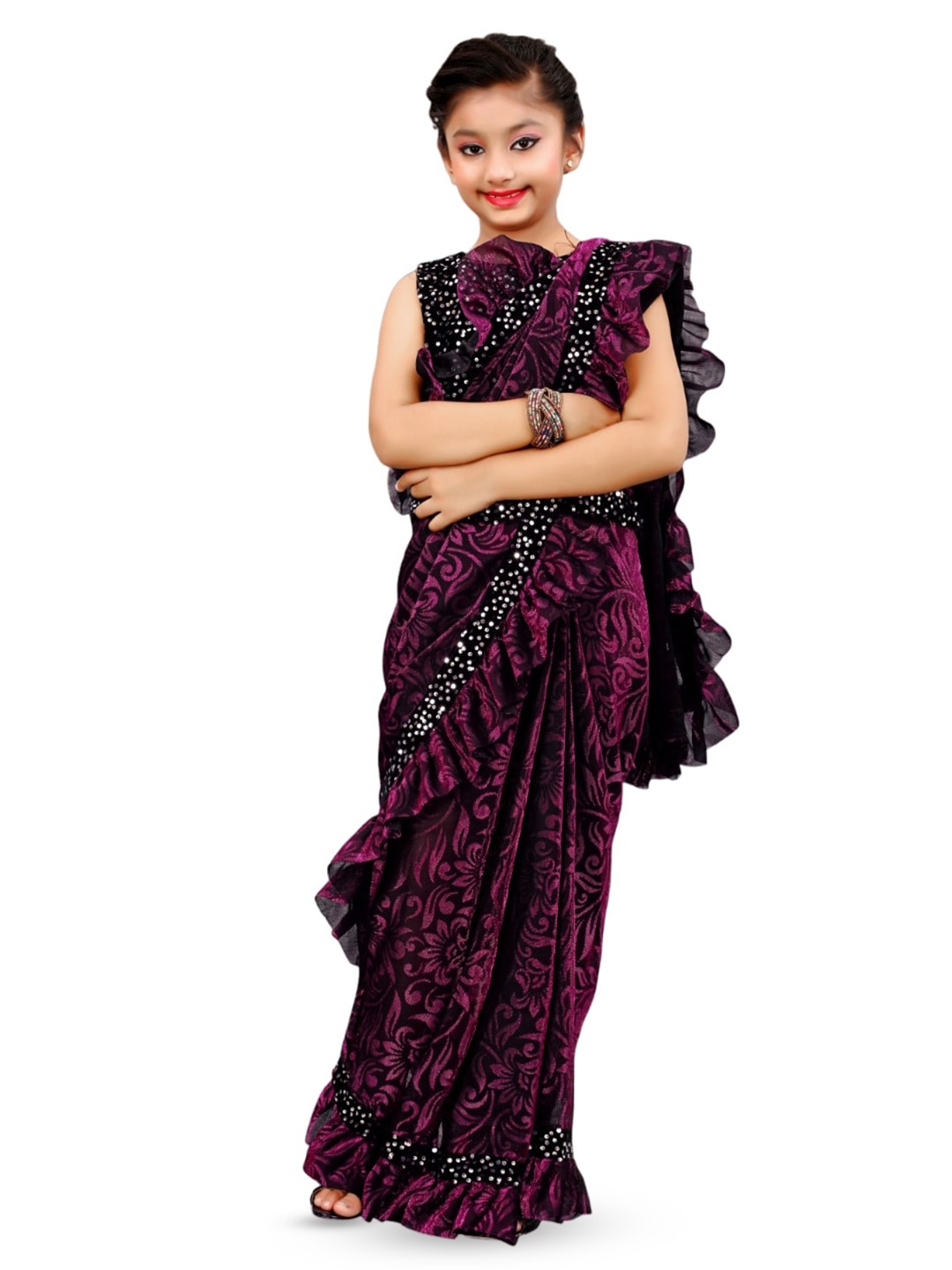 

Dhyey Fashion Girls Floral Sequinned Ready to Wear Saree, Purple