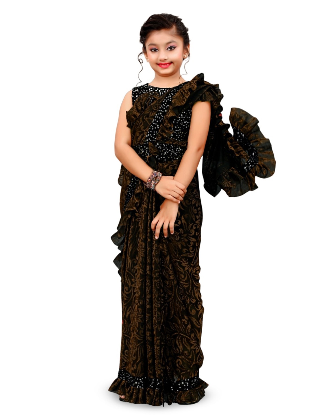 

Dhyey Fashion Girls Floral Woven Designed Beads and Stones Detailed Saree, Brown