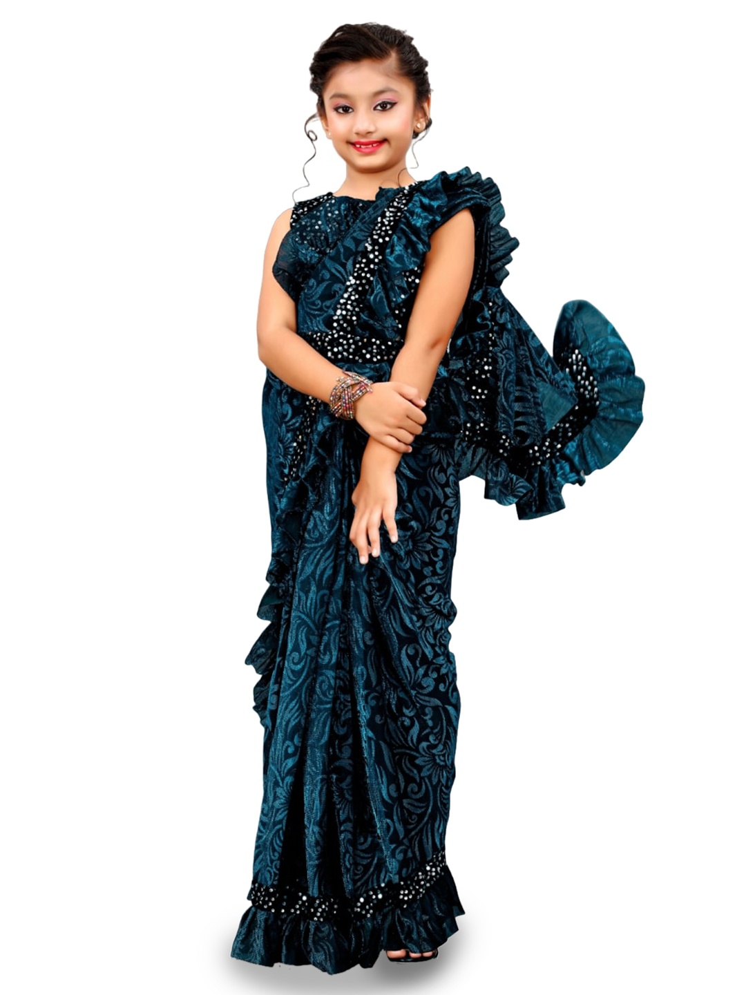 

Dhyey Fashion Girls Floral Printed Sequinned Ready to Wear Saree, Blue