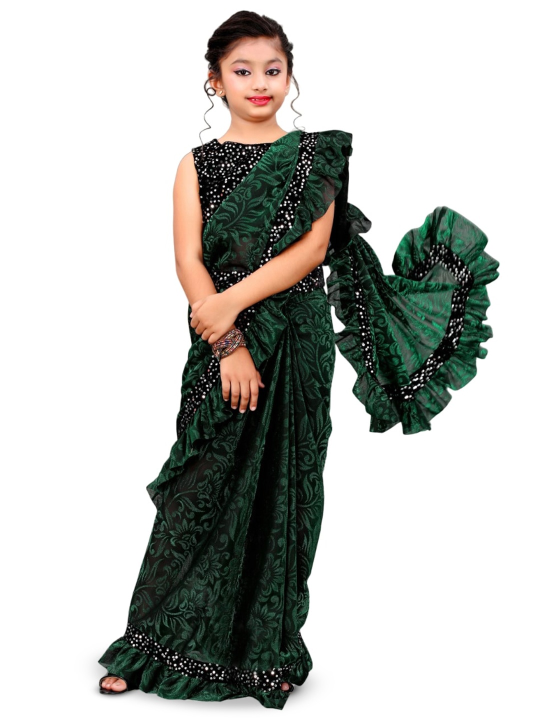 

Dhyey Fashion Girls Floral Woven Design Sequinned Detail Ruffles Saree, Green