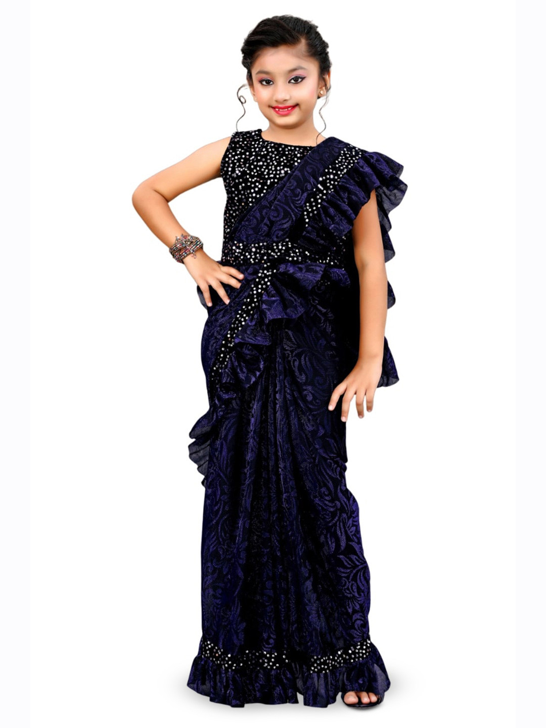 

Dhyey Fashion Girls Floral Woven Design Sequinned Detail Ruffles Saree, Navy blue