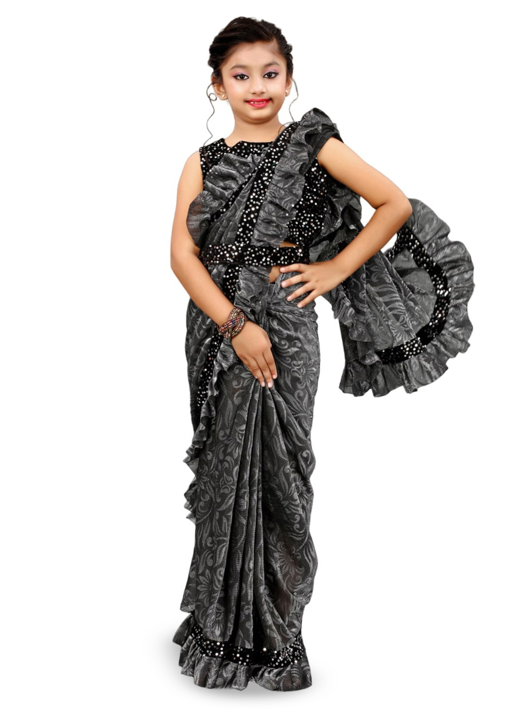 

Dhyey Fashion Girls Floral Woven Design Sequinned Detail Ruffles Saree, Grey