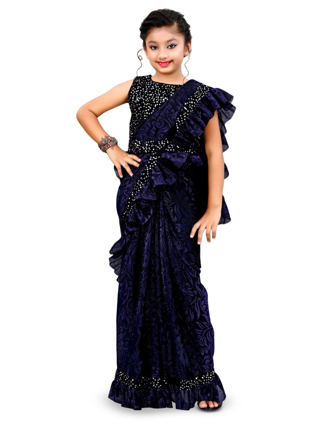

Dhyey Fashion Girls Floral Woven Design Sequinned Detail Ruffles Saree, Navy blue